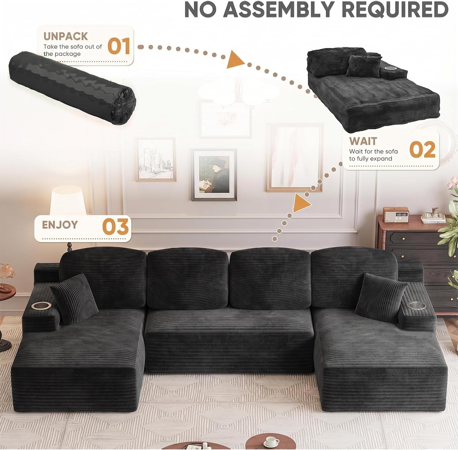 Homall 142' Boneless Couch, Modular Sectional Sofa, No Assembly Required, Memory Foam Filling, Corduroy U-Shaped Sofa, Movable Multi-Person Couch for Living Room (Black)
