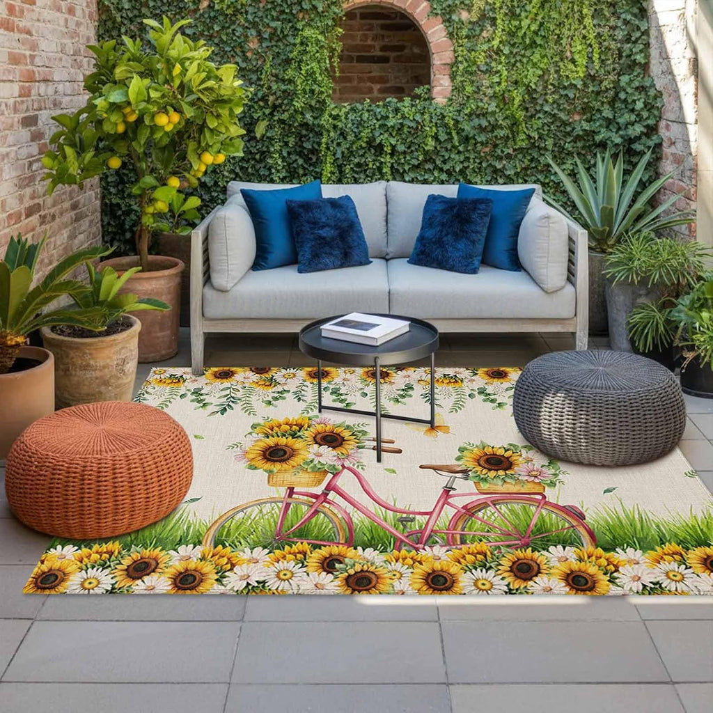 Spring Outdoor Rug for Patio/Deck/Porch, Non-Slip Large Area Rug 4 x 6 Ft, Bicycles Botanical Sunflowers Leaves Butterfly Indoor Outdoor Rugs Washable Area Rugs, Reversible Camping Rug Carpet Runner