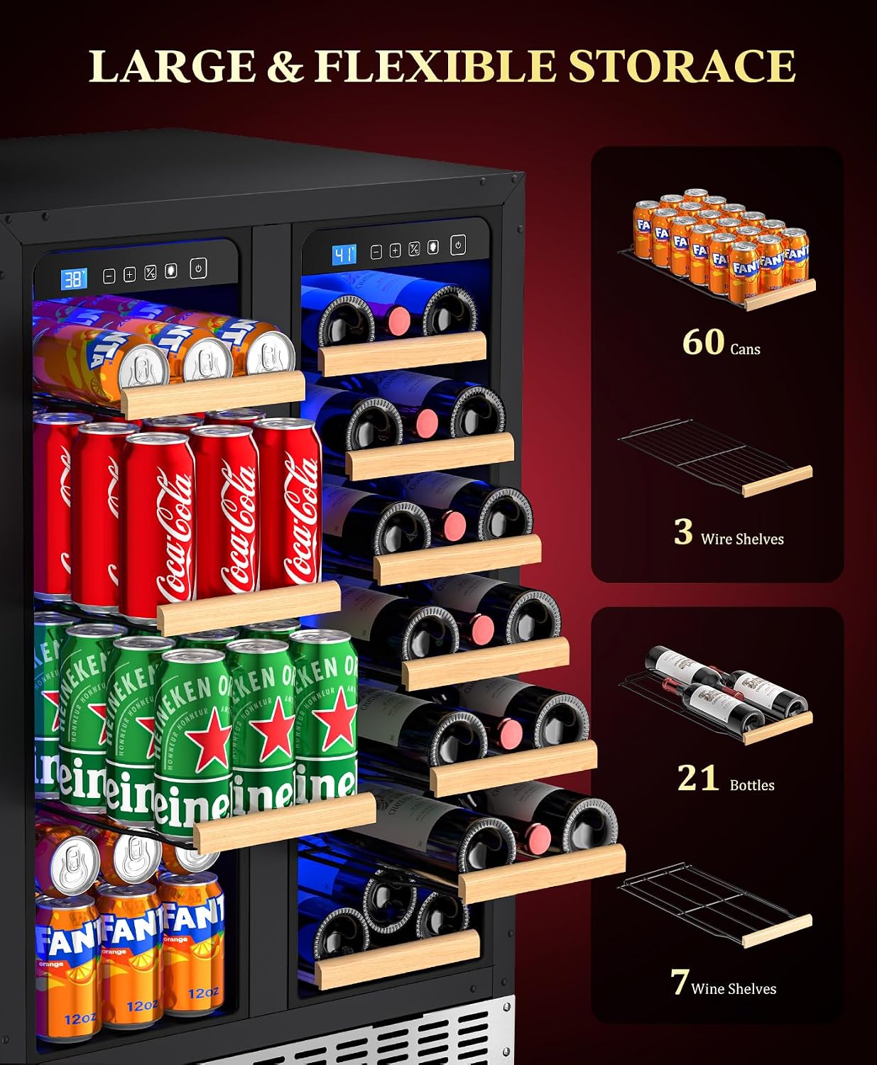 24' Dual Zone Wine & Beverage Refrigerator, 60 Cans & 21 Bottle Under Counter Wine Cooler with Upgraded Cooling & Blue LED Light, Large Capacity Wine Fridge, Built-In or Freestanding