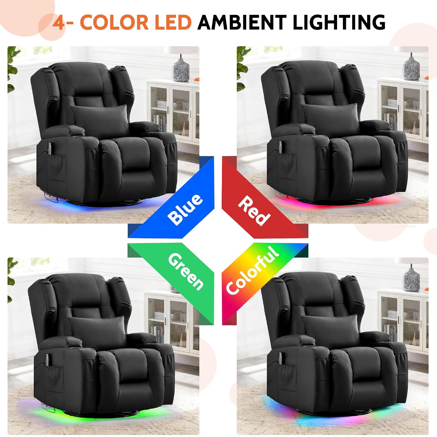 BINGTOO Dual Motor Power Swivel Rocker Recliner Chair with Massage & Heat, Electric Wall Hugger Glider Chair for Adults, Nursery with LED Lights, USB-C Ports & Cup Holders, Faux Leather Black, 1 Chair