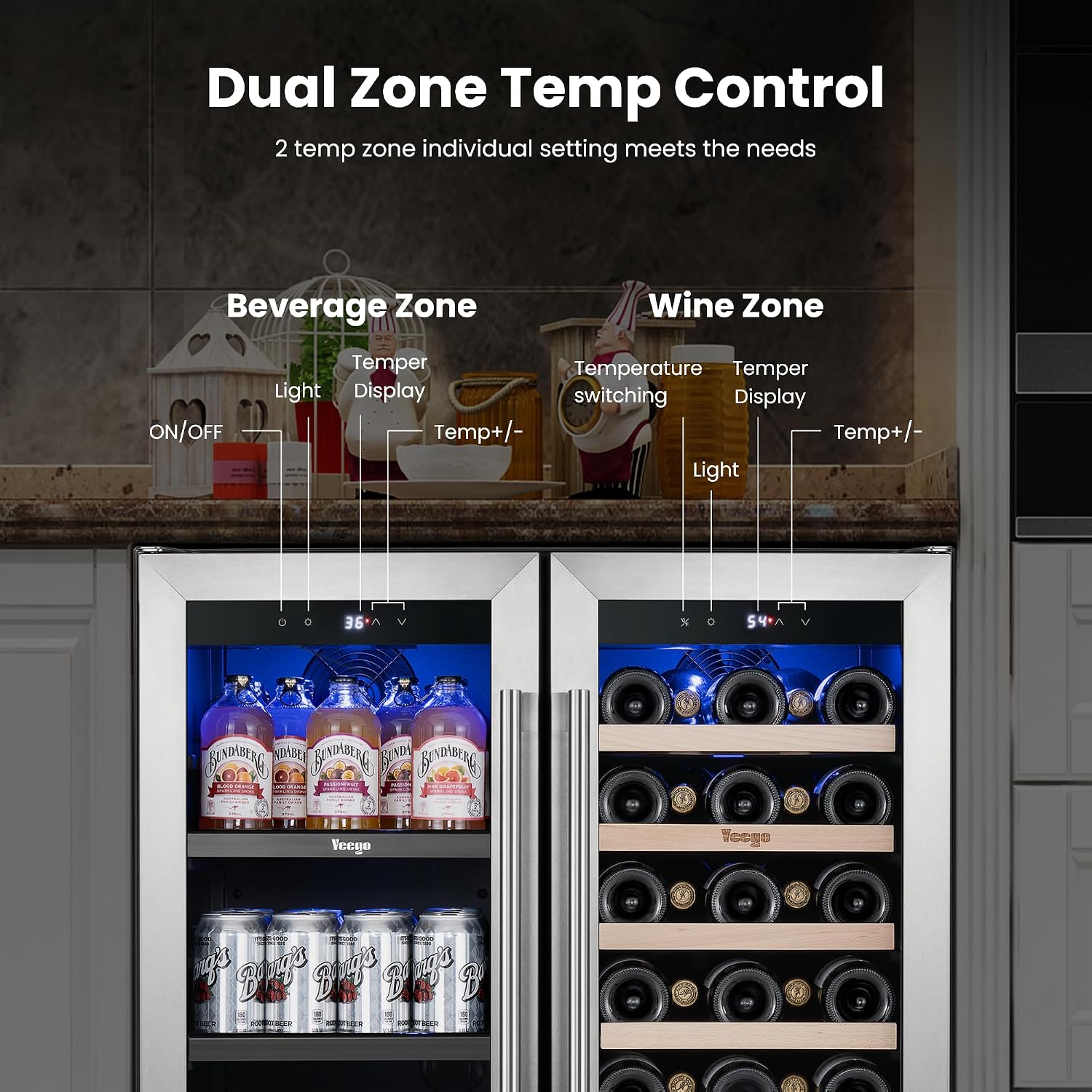 Yeego 30 Inch Wine and Beverage Cooler - 36-72°F, Holds 80 Cans & 33 Bottles Adjustable Shelves Beverage Fridge, Stainless Steel with Glass Door for Built-in for Kitchen/Bar
