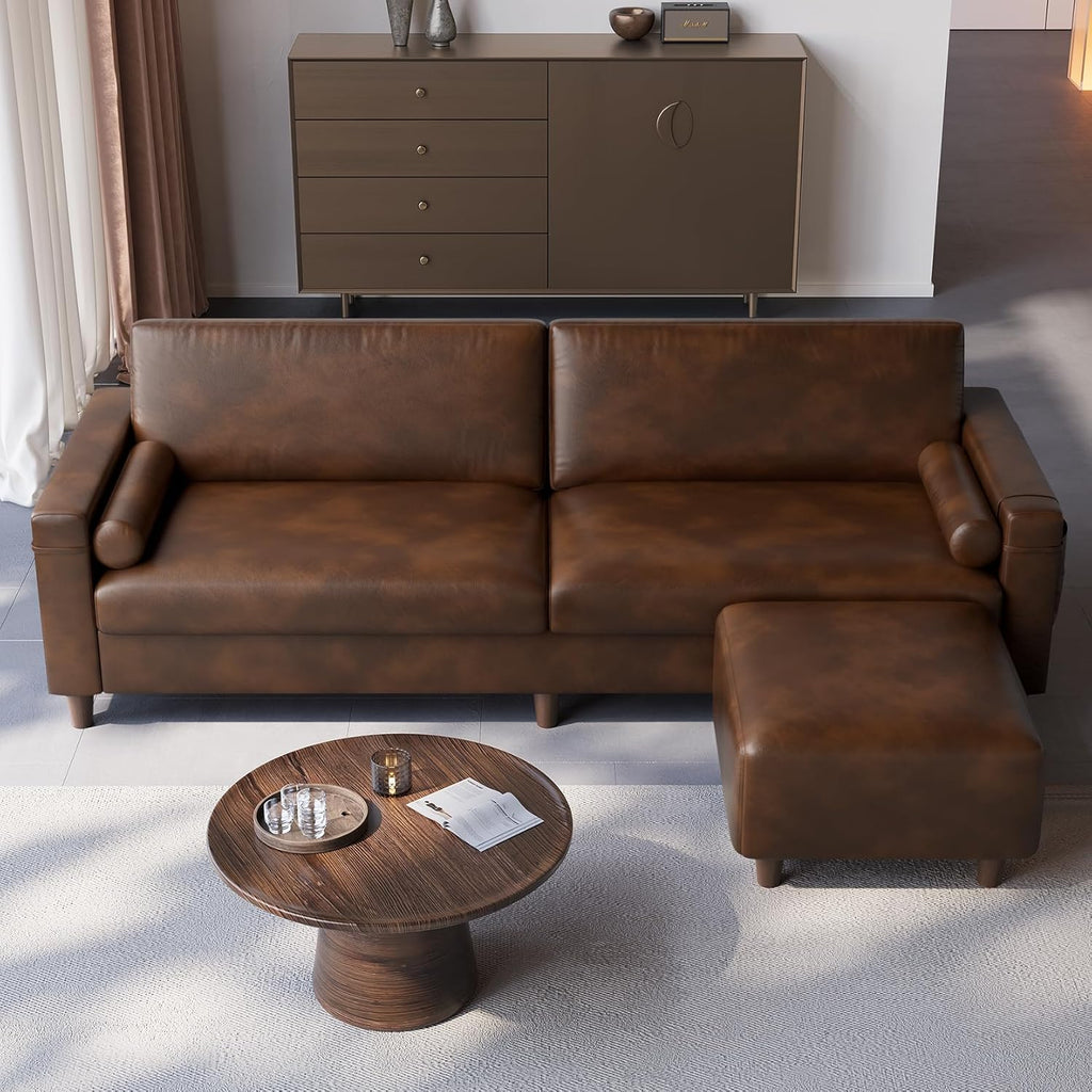 Vesgantti 100' Faux Leather Sofa with Movable Ottoman, Wide Seating L Shaped PU Leather Couch with Side Pocket, Comfy Mid Century Modern Modular Sectional Sofa for Living Room, Office, Cocoa