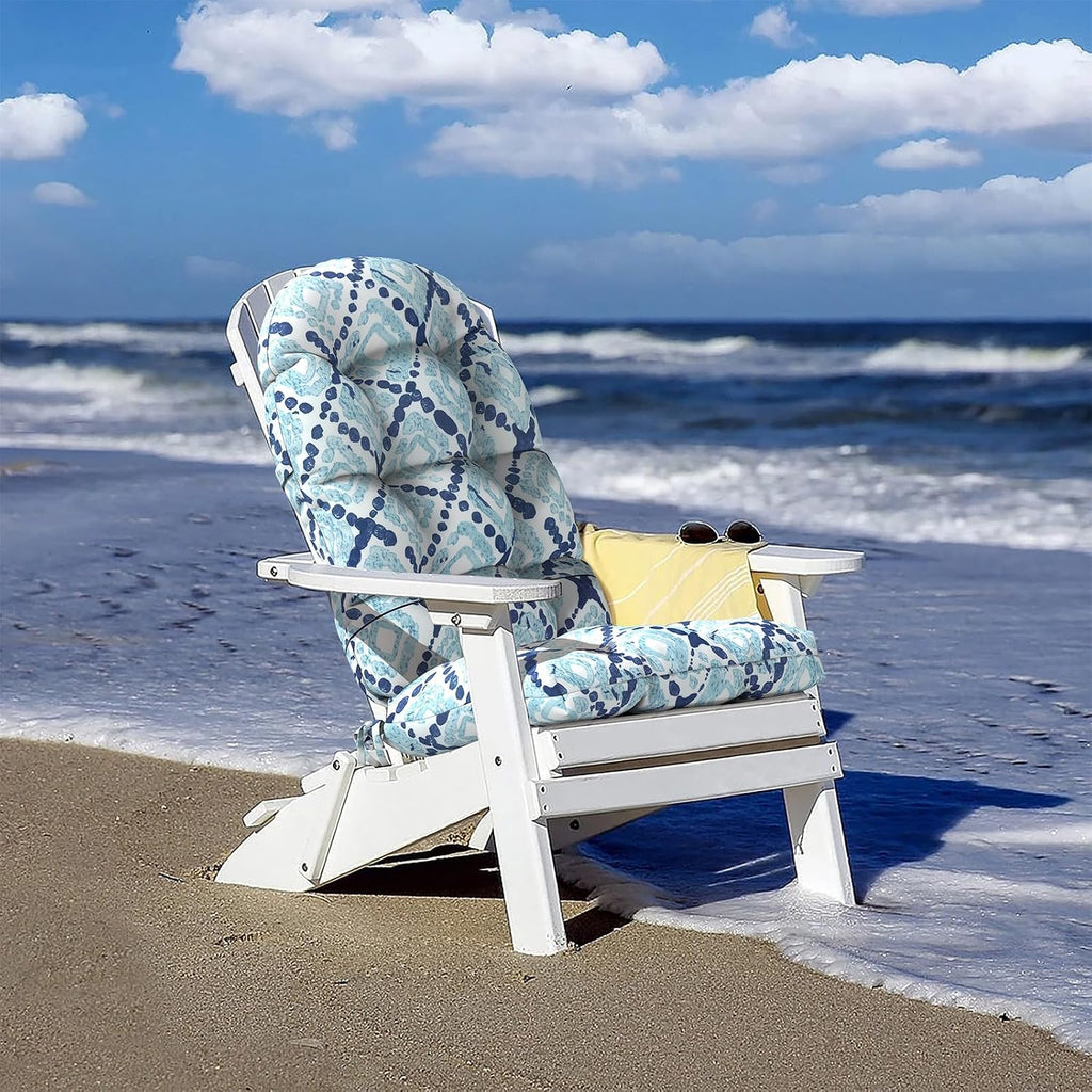 Indoor/Outdoor Adirondack Chair Cushions 44 x 19 x 4 Inch, Tufted Outdoor Rocking Chair Cushion, Anti-Slip High Back Patio Chair Cushions, Set of 2, Boho Geometry Blue