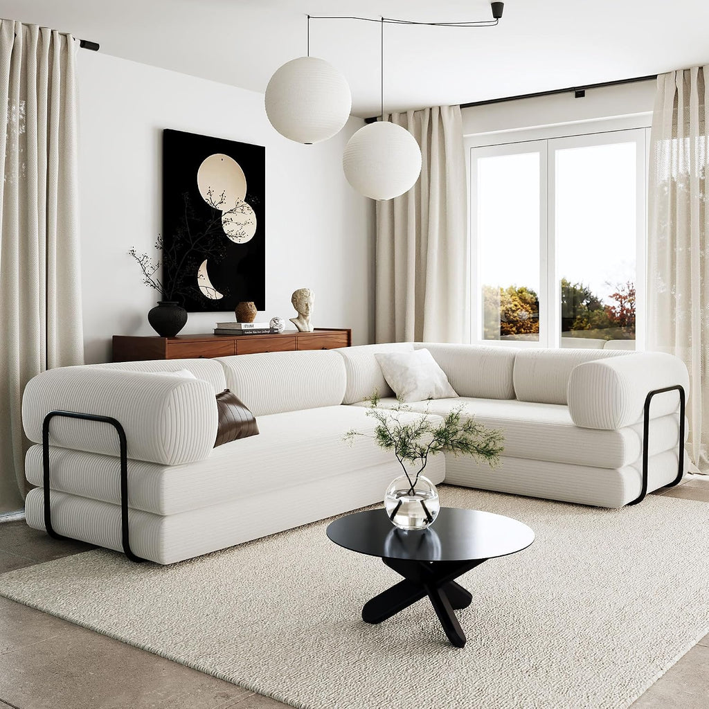 Merax L-Shaped Modular Sofa Bed in Corduroy Fabric, Convertible Sleeper Sofa Bed, 4 Seat Floor Couch for Living Rooms and Apartments, No Assembly Required, Beige