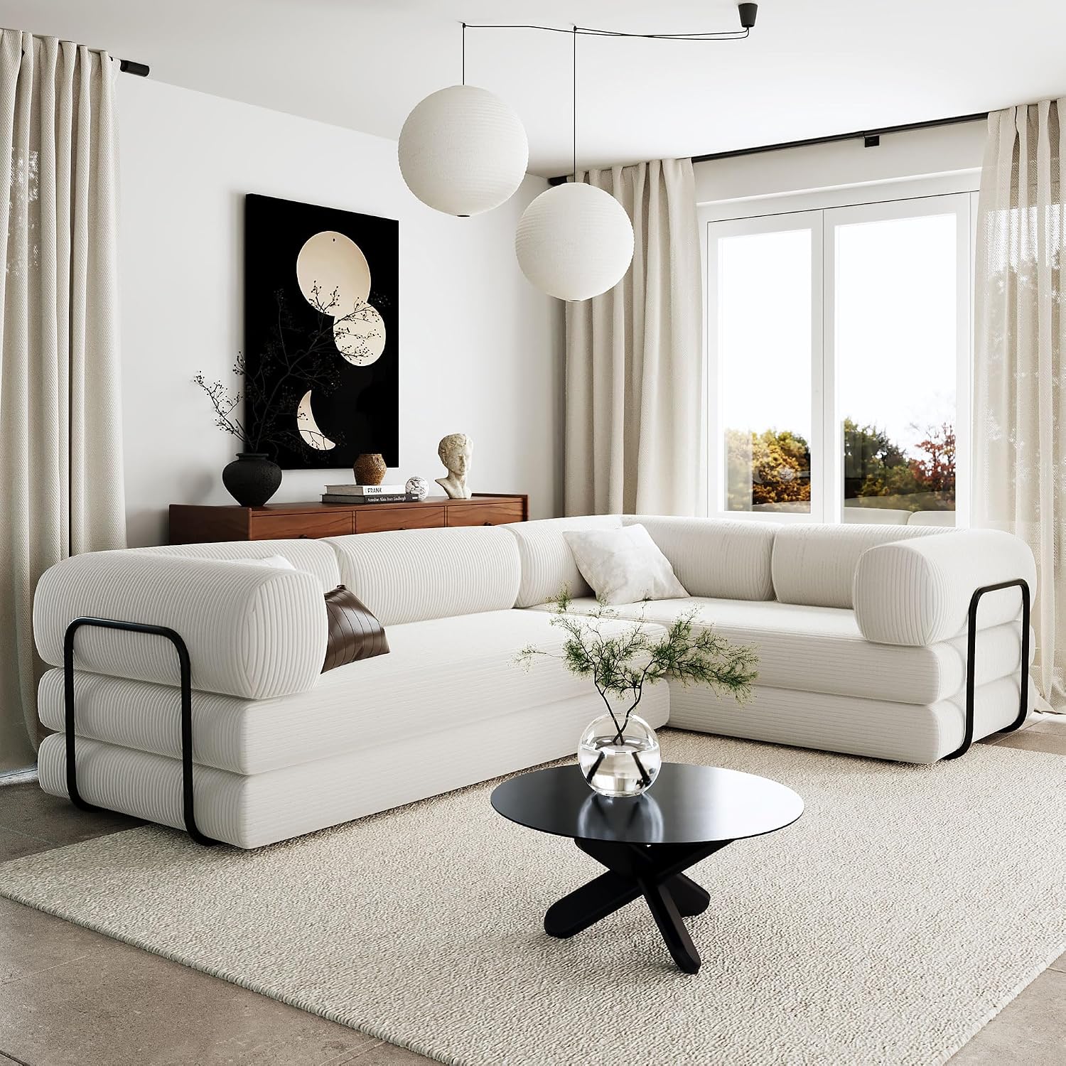 Merax L-Shaped Modular Sofa Bed in Corduroy Fabric, Convertible Sleeper Sofa Bed, 4 Seat Floor Couch for Living Rooms and Apartments, No Assembly Required, Beige