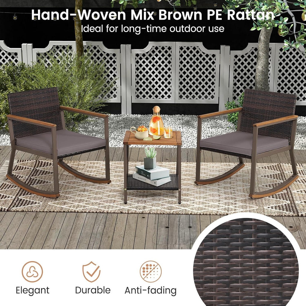 Outdoor Rocking Chair Set, 3 Pieces Patio Set Rocking Chair with Coffee Table & Cushions, Patio Wicker Furniture Set Outdoor Bistro Set for Balcony, Porch & Backyard (Gray)