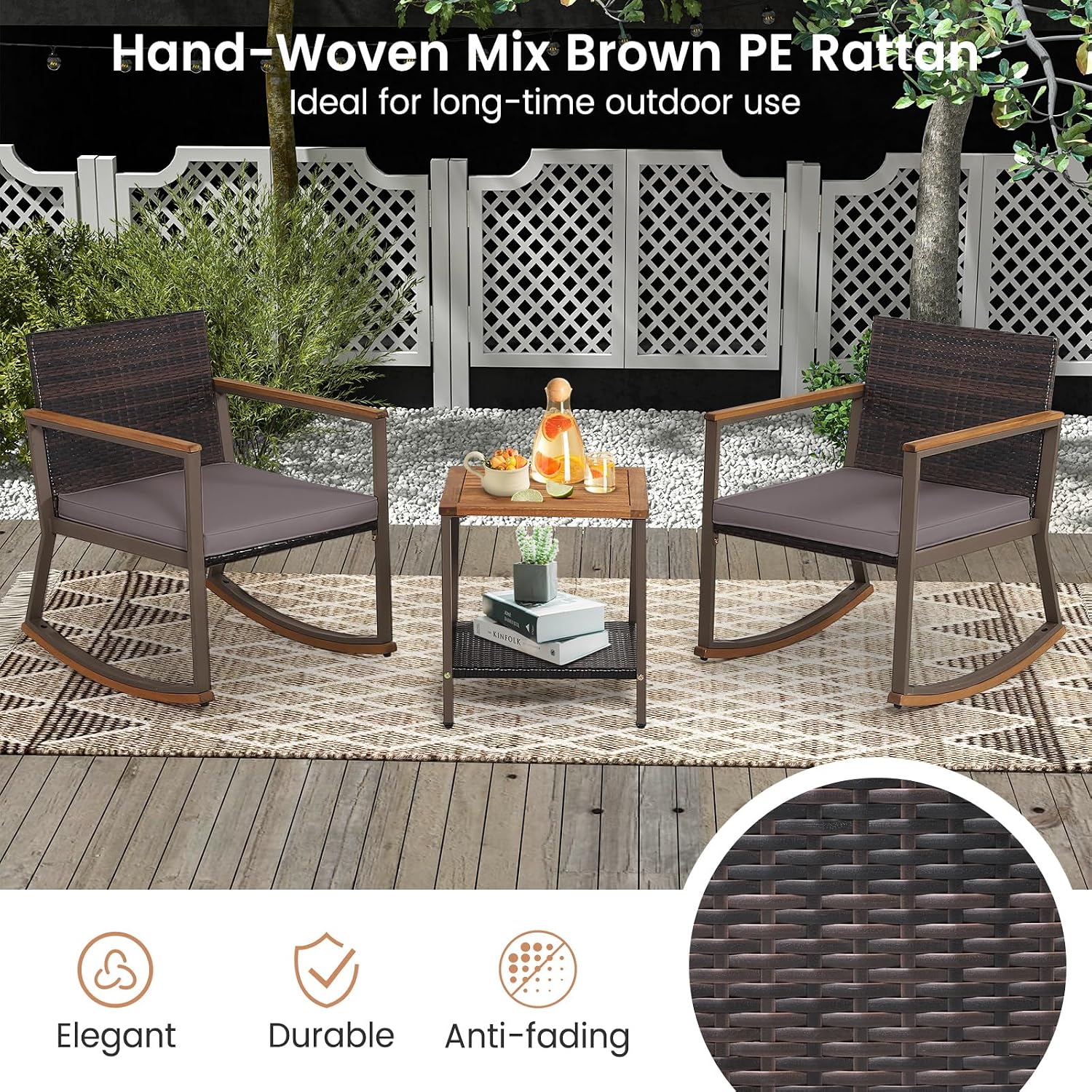Outdoor Rocking Chair Set, 3 Pieces Patio Set Rocking Chair with Coffee Table & Cushions, Patio Wicker Furniture Set Outdoor Bistro Set for Balcony, Porch & Backyard (Gray)