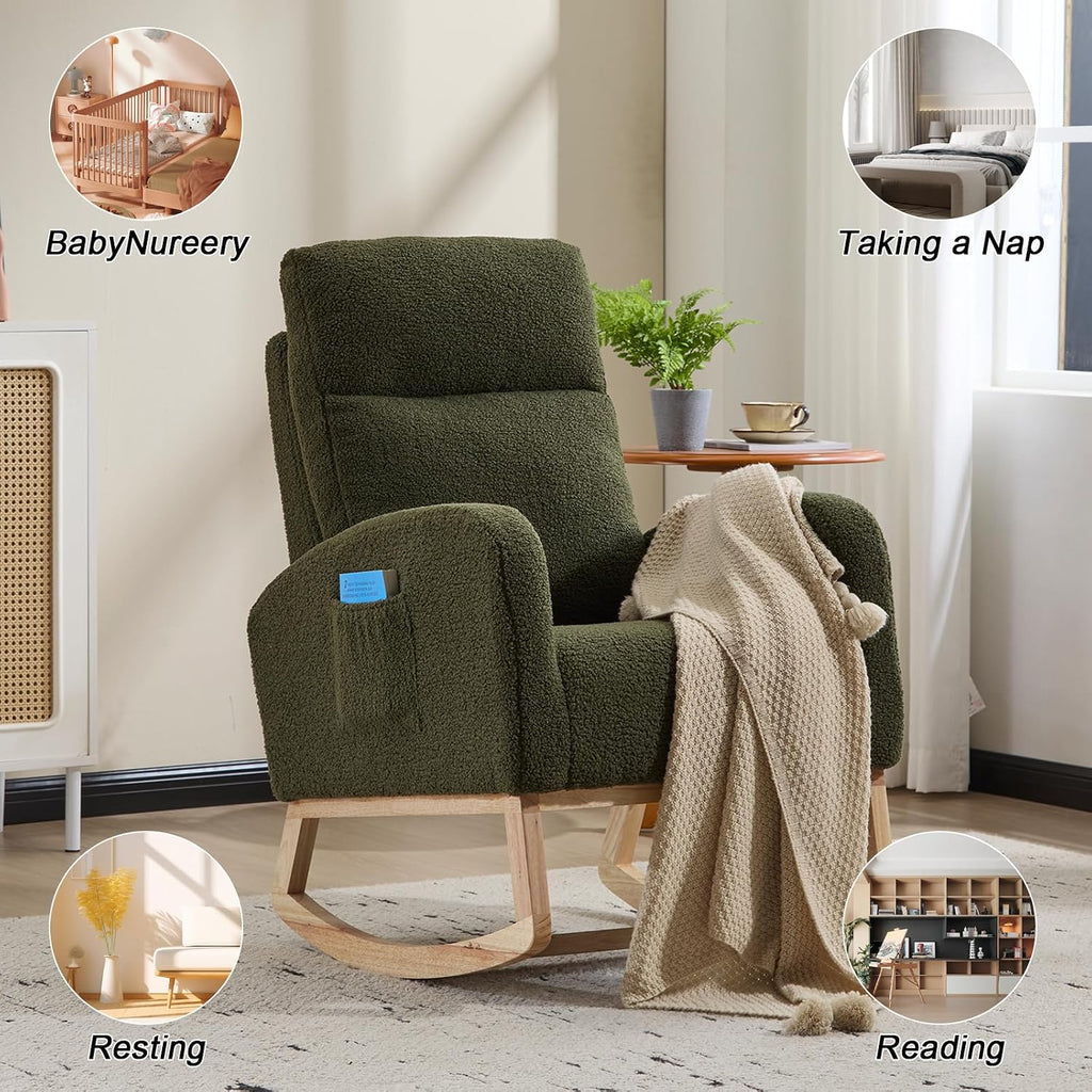 Cloud Rocking Chair Nursery, Comfy Glider Nursery Chair with Foot Rest, Upholstered Rocker, Modern Accent Reading Armchair with Solid Wood Base for Living Room, Bedroom (40' Green)