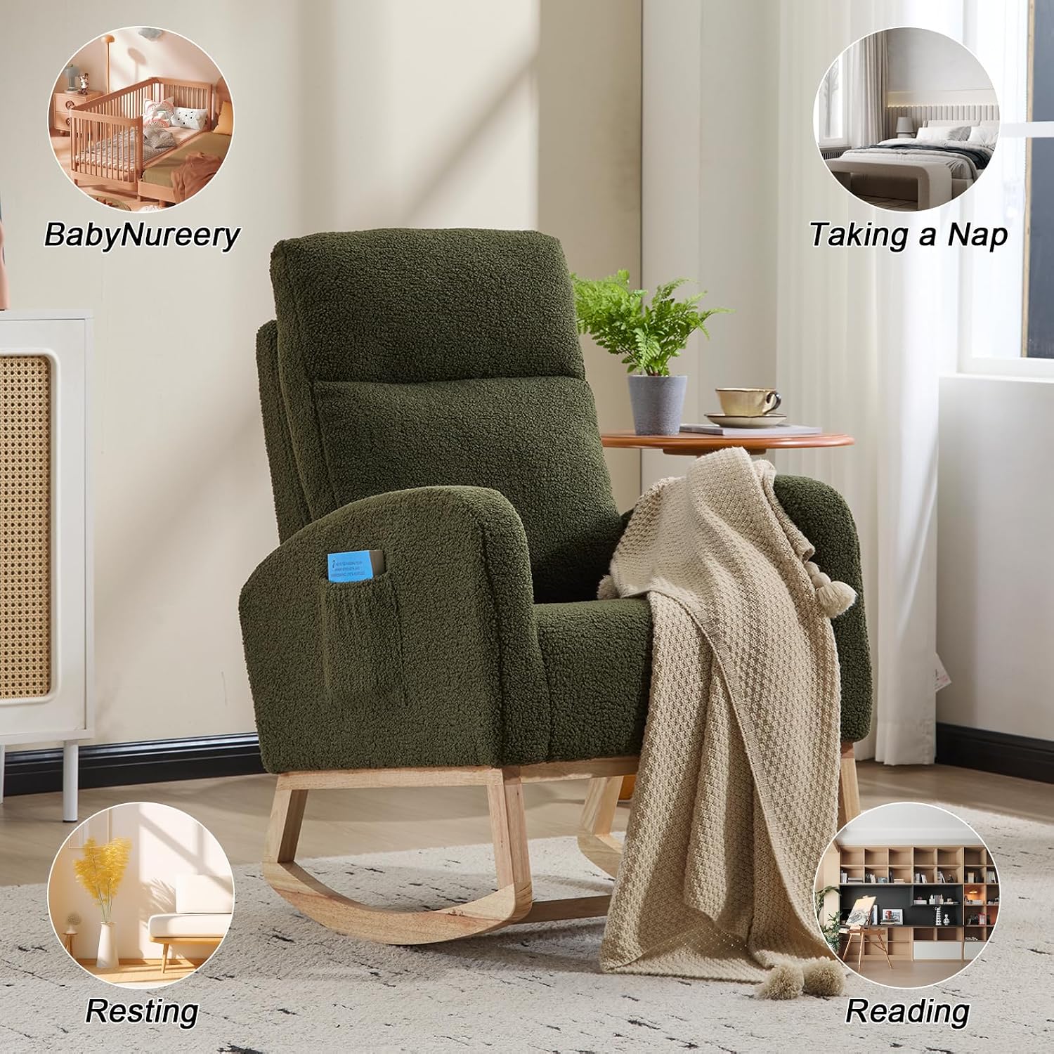 Cloud Rocking Chair Nursery, Comfy Glider Nursery Chair with Foot Rest, Upholstered Rocker, Modern Accent Reading Armchair with Solid Wood Base for Living Room, Bedroom (40' Green)