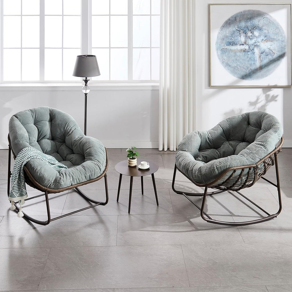 Deolme Large Papasan Rocking Chair Set of 2 with Cushion, Oversized Comfy Reading Chair Lounging Indoor Outdoor Rocker for Front Porch Backyard Bedroom Living Room Egg Chair Rattan (Green Teddy)