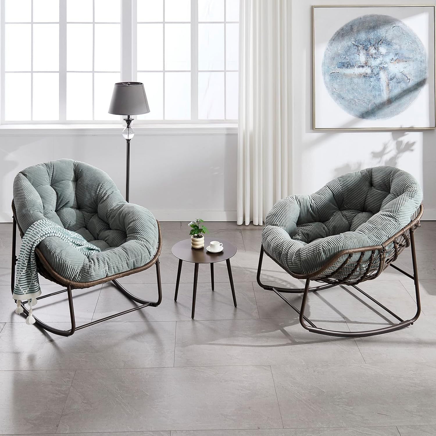 Deolme Large Papasan Rocking Chair Set of 2 with Cushion, Oversized Comfy Reading Chair Lounging Indoor Outdoor Rocker for Front Porch Backyard Bedroom Living Room Egg Chair Rattan (Green Teddy)