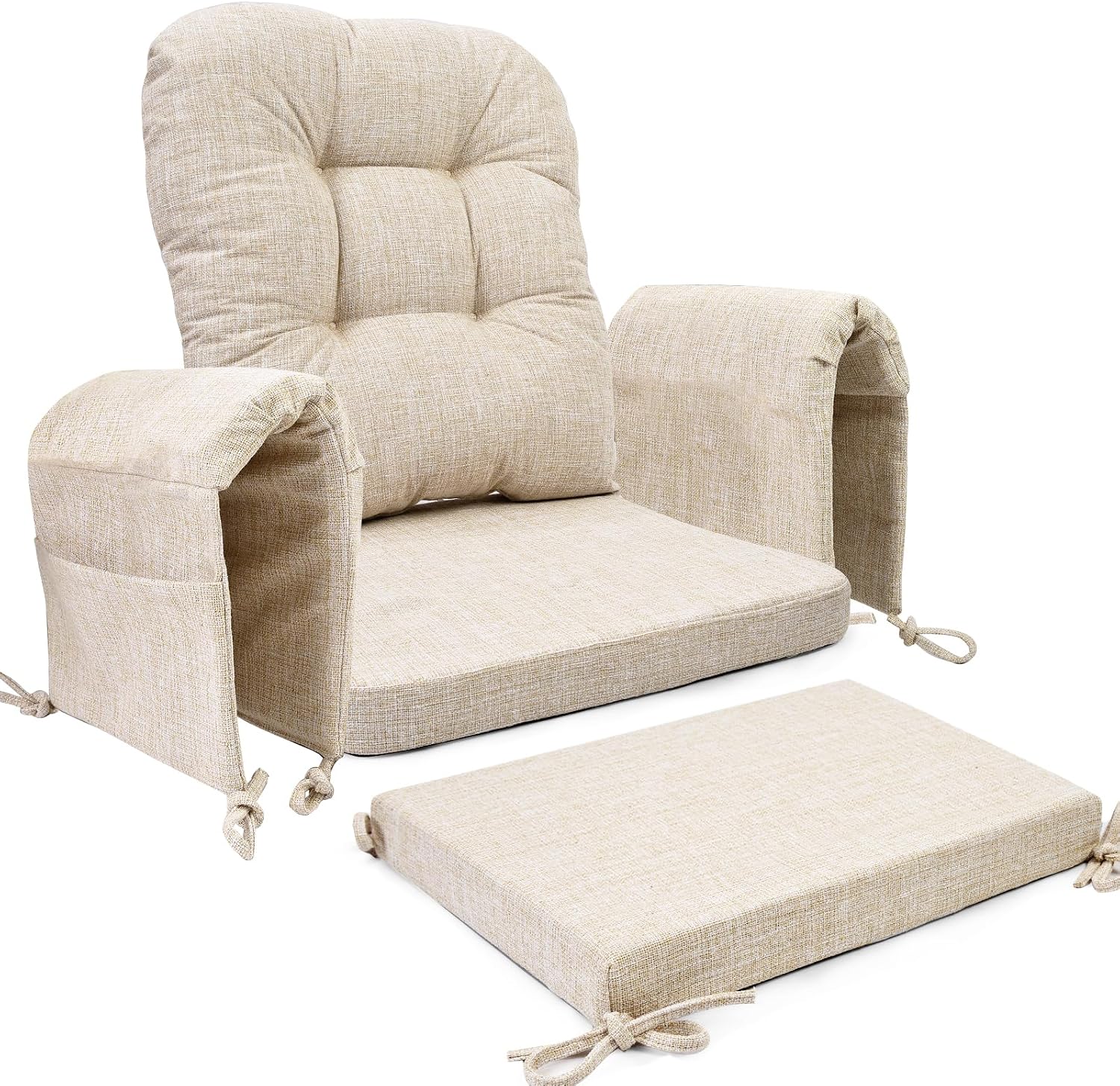 SINOSSO Glider Rocker Cushion Set (5 Pcs), Soft Blended Fabric High-Density Support Foam Seat Cushions with Ties, Fits Rocking Chair/Nursery Glider & Ottoman, Beige