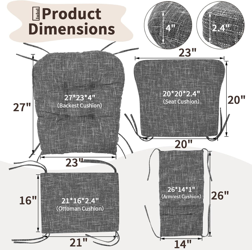 SINOSSO Glider Rocker Cushion Set (5 Pcs), Soft Blended Fabric High-Density Support Foam Seat Cushions with Ties, Fits Rocking Chair/Nursery Glider & Ottoman, Light Gray