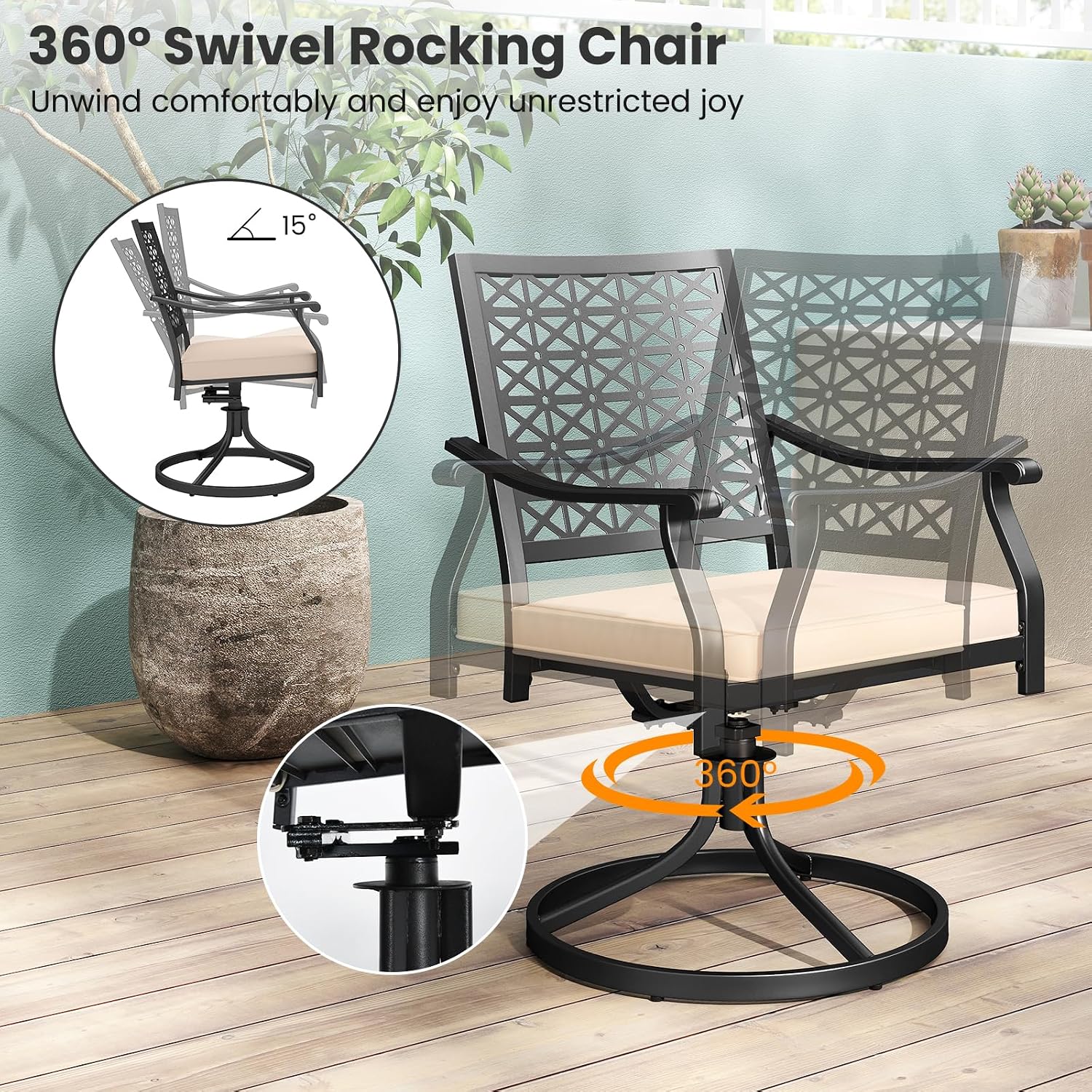 Giantex 2 Pack Swivel Outdoor Chairs, Set of 2 Patio Dining Rocking Chairs with Soft Cushions, Round Steel Base, Porch Garden Backyard Lawn Poolside Beige