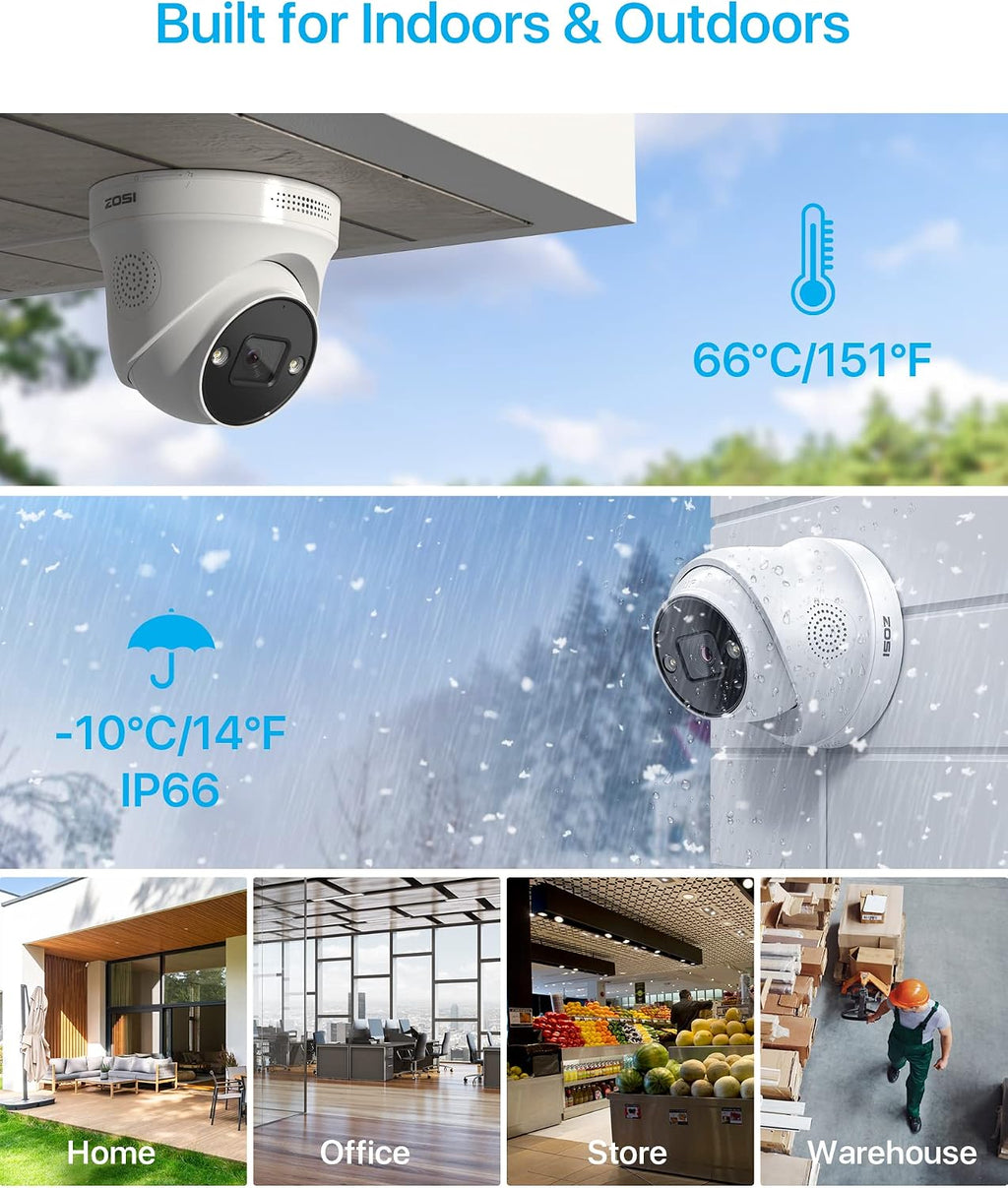 ZOSI 8CH 4K PoE Security Camera System, 2TB Hard Drive, Person Vehicle Detection,4pcs 4K Indoor Outdoor PoE IP Dome Cameras with 2 Way Audio,Color Night Vision,8 Ports 16CH 8MP NVR for 24-7 Recording