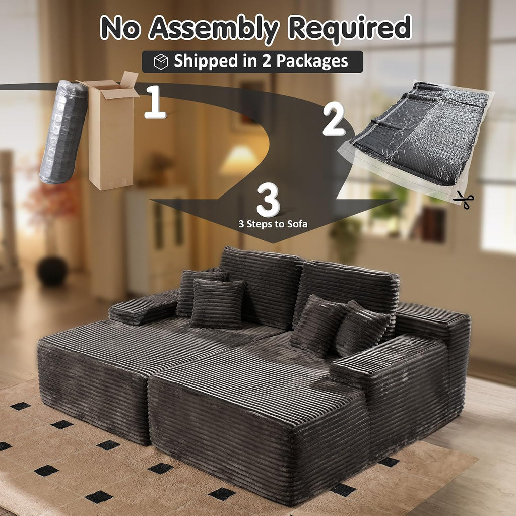 ovios 75' Oversized Sectional Double Lounge Chaise with Cloud Plush Sofa Bed, No Assembly Required, Fluffy Modern Sleeper Loveseat Chair for Indoor Living Room Bedroom Reading, Grey
