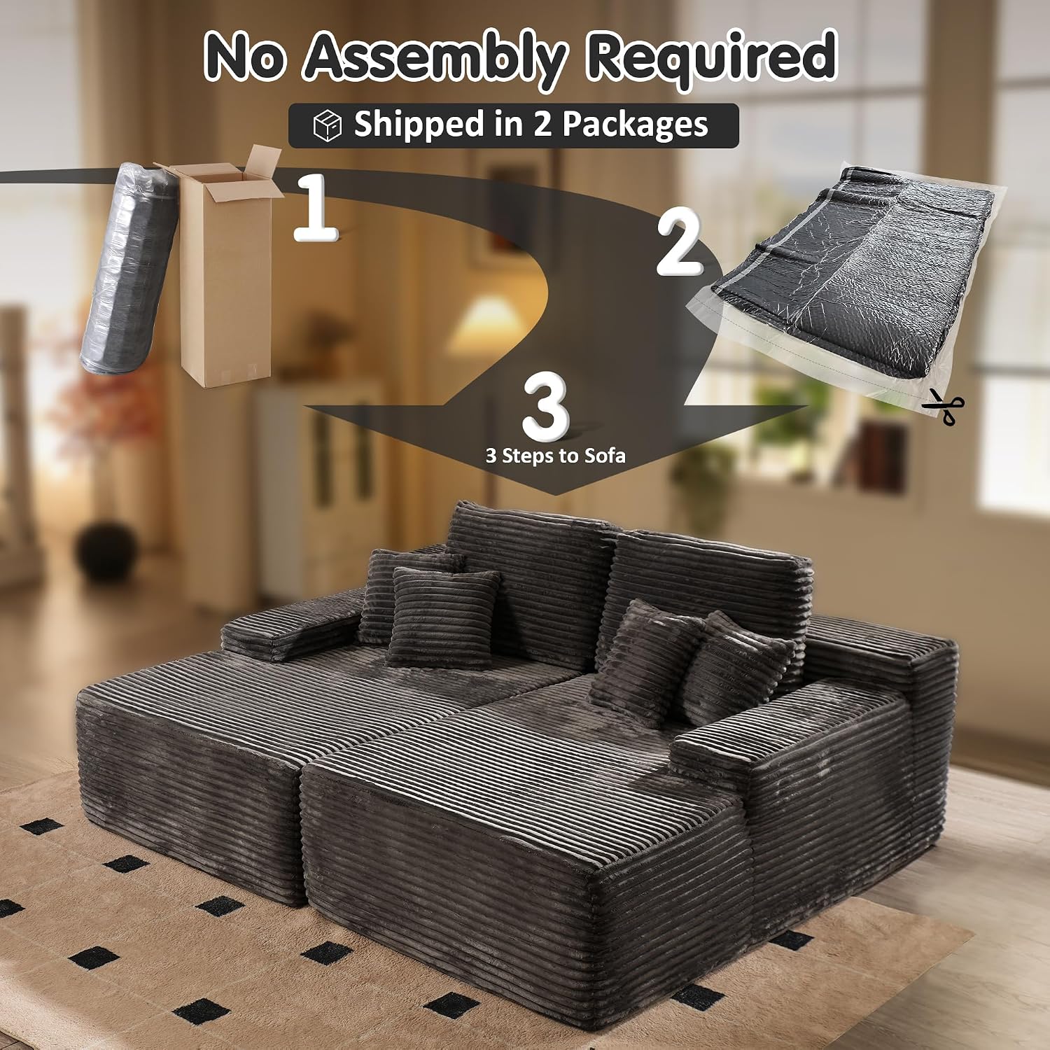 ovios 75' Oversized Sectional Double Lounge Chaise with Cloud Plush Sofa Bed, No Assembly Required, Fluffy Modern Sleeper Loveseat Chair for Indoor Living Room Bedroom Reading, Grey