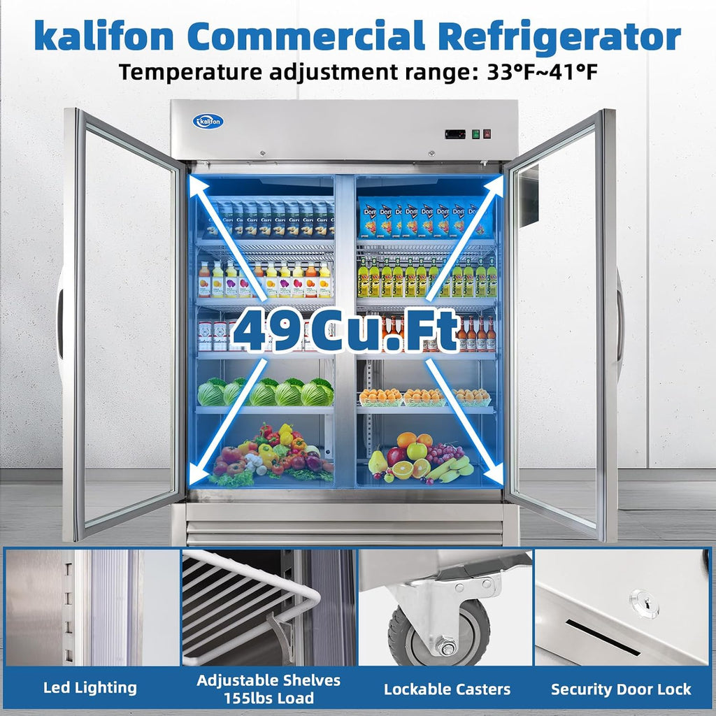 49 Cu.Ft Commercial Beverage Refrigerator, Glass Door Drink Fridge with LED Light, 8 Adjustable Shelves, Lockable Upright Merchandiser for Restaurant, Supermarket, Gym, Cafe