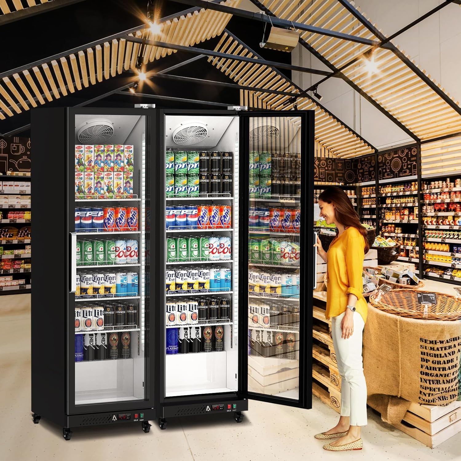 PeakPursuit Commercial Display Refrigerator, 12.4 Cu.Ft. Beverage Refrigerator Glass Door Beverage Cooler, Upright Merchandiser Cooler Display Fridge With LED Light and Adjustable Shelves