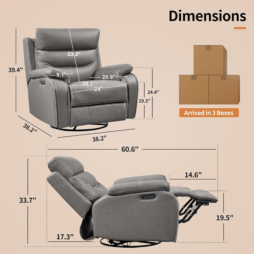 Swivel Rocker Recliner Chair with Electrical Adjustable Headrest, Nursery Rocking Glider Reclining Sofa with USB Ports, Microfiber Fabric Recliners Chair for Living Room,Nursery Room