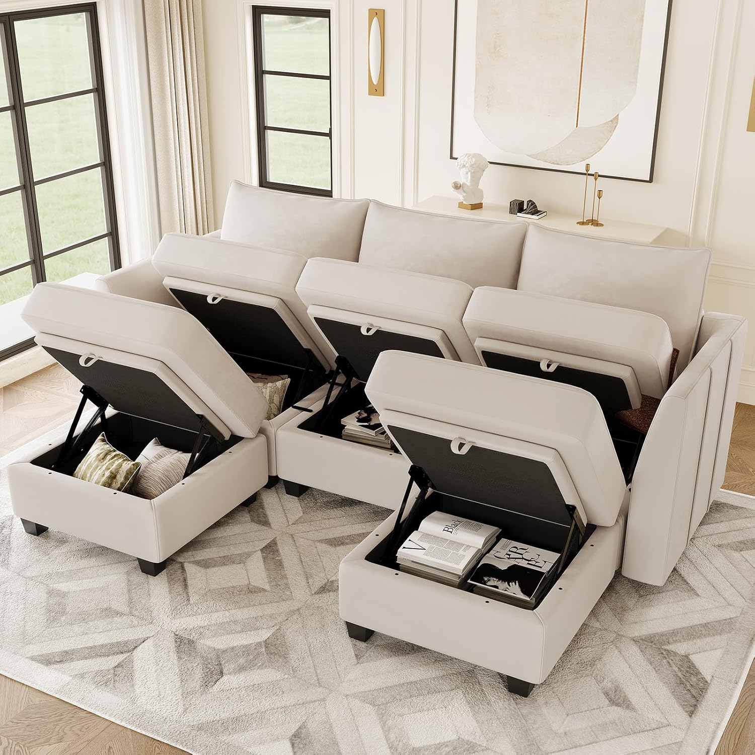 Belffin Modular Sectional Sofa with Double Chaise Velvet U Shaped Sofa Reversible Sectional Couch with Storage Beige