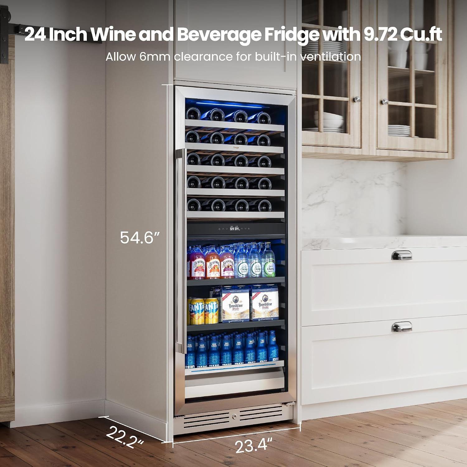 Yeego 24 Inch Wine Fridge – 34°F-65°F Wine and Beverage Cooler, 304 Stainless Steel Glass Door Lock, Temp Memory Blue & White LED Built-in Fridge with Adjustable Shelves (112 Can+40 Bottle)