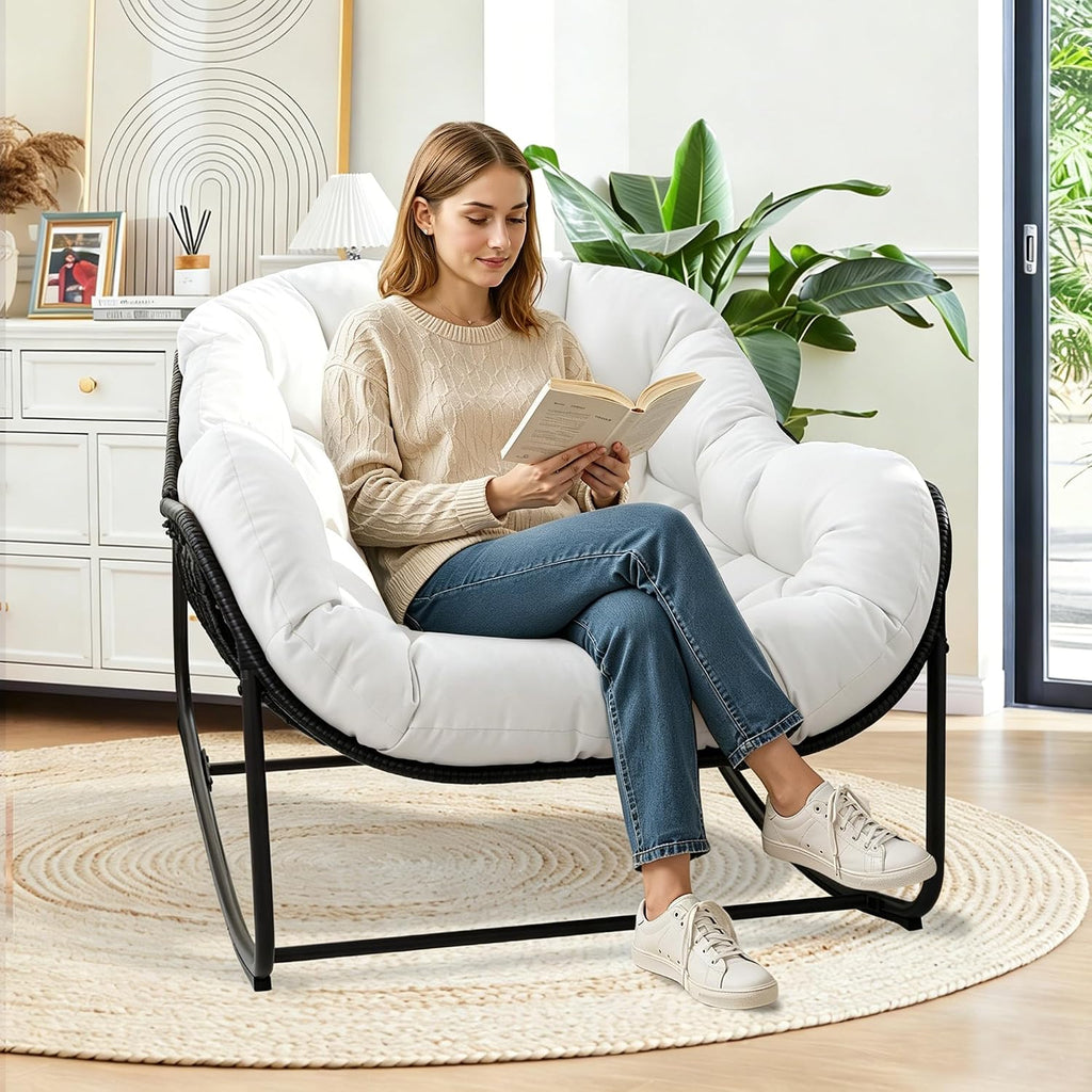 Papasan Rocking Chair Indoor & Outdoor, Oversized Egg-Shaped Papasan Rocker with Cushion & Pillow, All-Weather Wicker Patio Lounge Chair for Garden, Porch, Living Room (White)