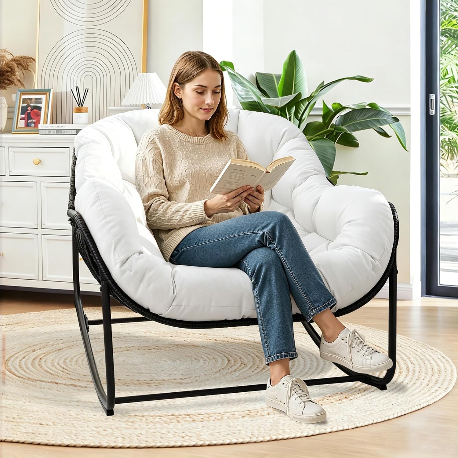 Papasan Rocking Chair Indoor & Outdoor, Oversized Egg-Shaped Papasan Rocker with Cushion & Pillow, All-Weather Wicker Patio Lounge Chair for Garden, Porch, Living Room (White)