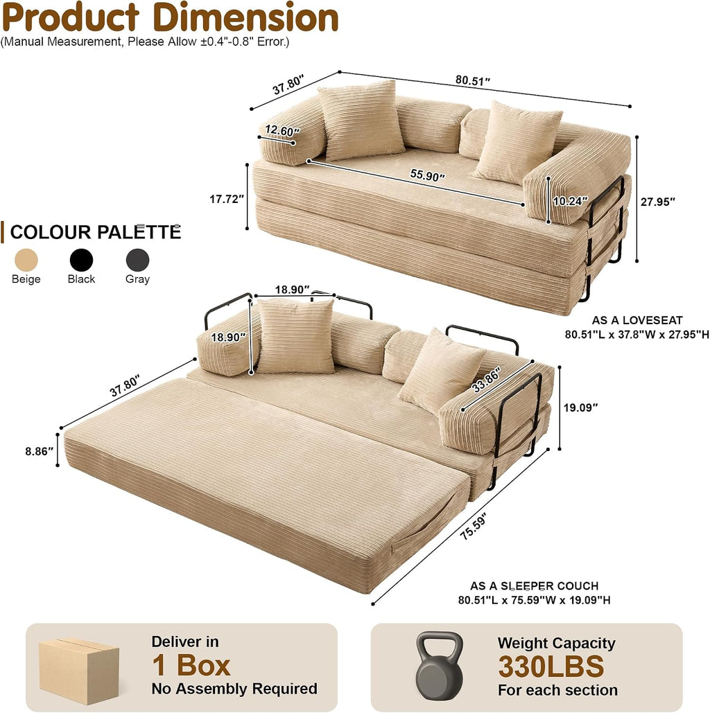 81″ Convertible Sleeper Sofa Bed with Pillows, Corduroy Foldable Mattress Couch with Fixed-Shape Frame, Futon Sofa Bed, Boneless Couch for Living Room Bedroom Lounge Studio, Beige