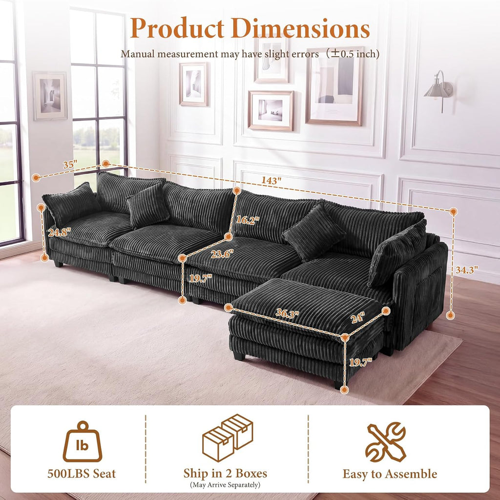 Vesgantti 143' L Shaped Modular Sectional Couch, Comfy Corduroy Upholstered Cloud Couches for Living Room, Modern 3 Seater Sofa with Movable Ottoman & Throw Pillows, Dark Grey