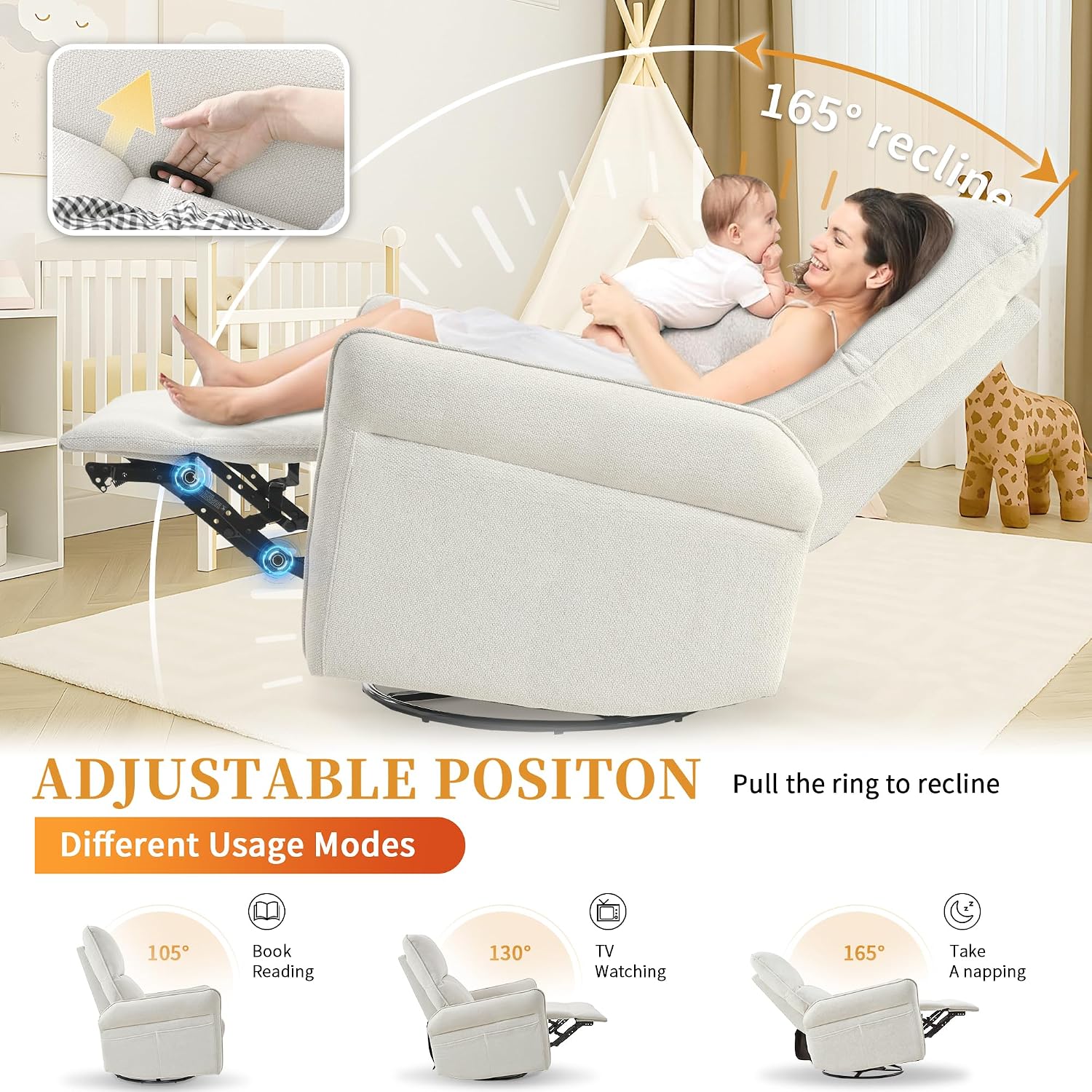 Glider Chair Swivel Rocker Recliner for Nursery, 360° Swivel Snowflake Velvet Manual Rocking Chair for Living Room, Bedroom, Small Spaces