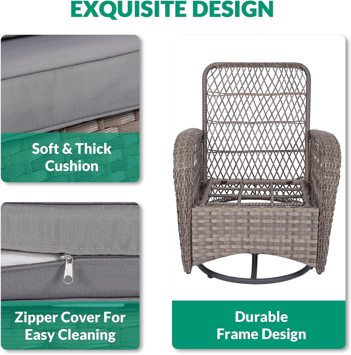 VIVIJASON 3-Piece Outdoor Conversation Bistro Set, Patio Swivel Glider Rocking Chairs Rattan Furniture Sets w/ 2 Rattan Chairs, Glass Top Side Table for Porch Backyard, Gray Wicker & Gray Cushions