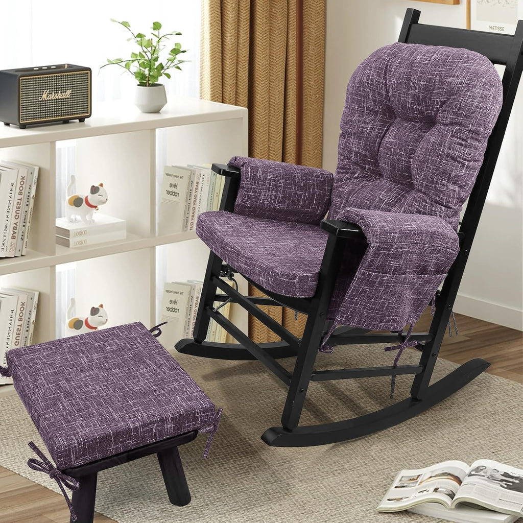 SINOSSO Glider Rocker Cushion Set (5 Pcs), Soft Blended Fabric High-Density Support Foam Seat Cushions with Ties, Fits Rocking Chair/Nursery Glider & Ottoman, Purple