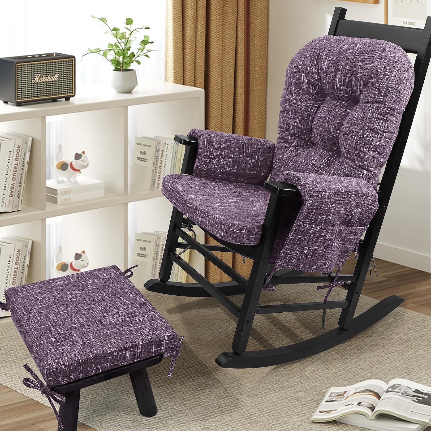 SINOSSO Glider Rocker Cushion Set (5 Pcs), Soft Blended Fabric High-Density Support Foam Seat Cushions with Ties, Fits Rocking Chair/Nursery Glider & Ottoman, Purple