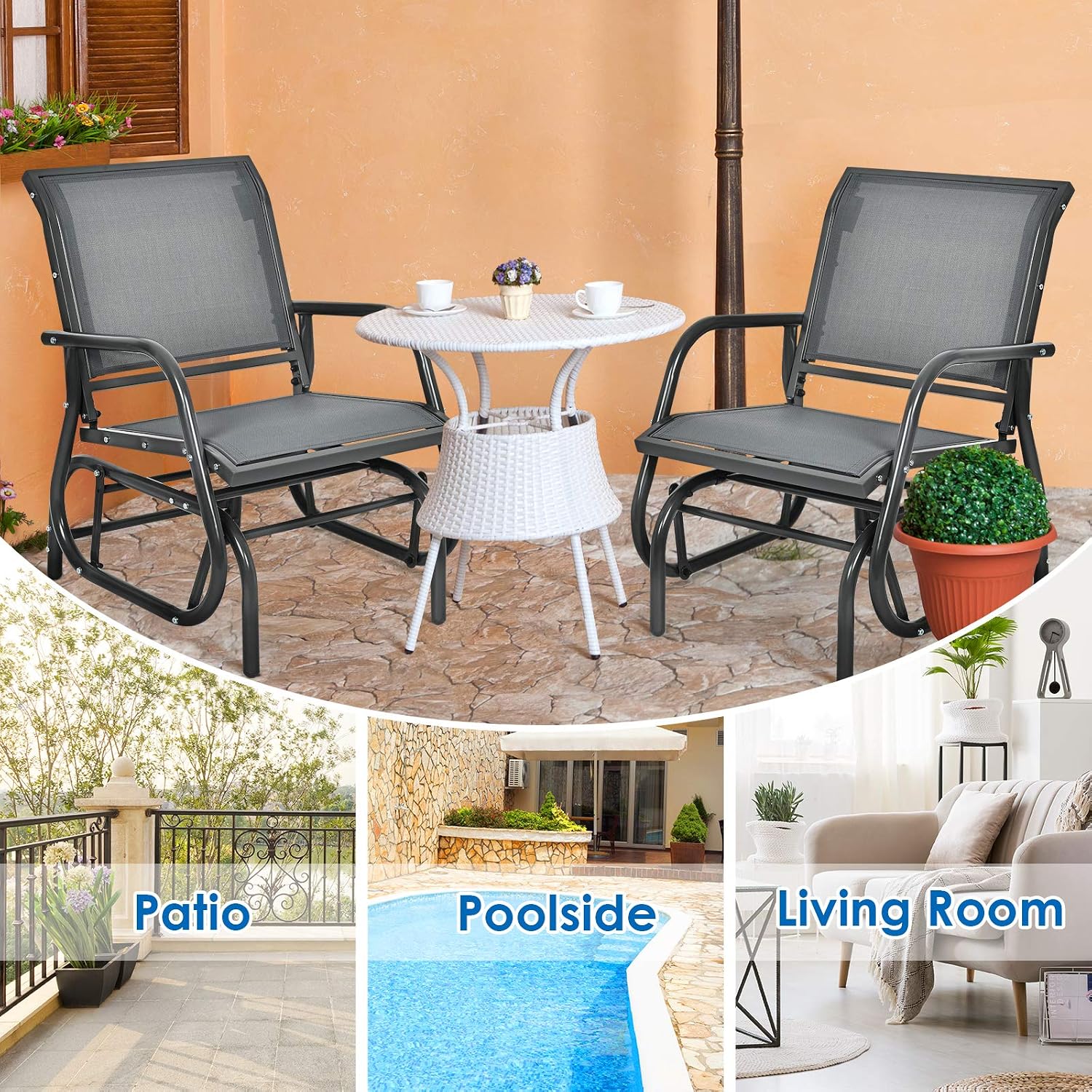 Giantex Swing Glider Chair W/Study Metal Frame Comfortable Patio Chair Love-Seat for Garden, Porch, Backyard, Poolside, Lawn Outdoor Rocking Chair (2, Gray)