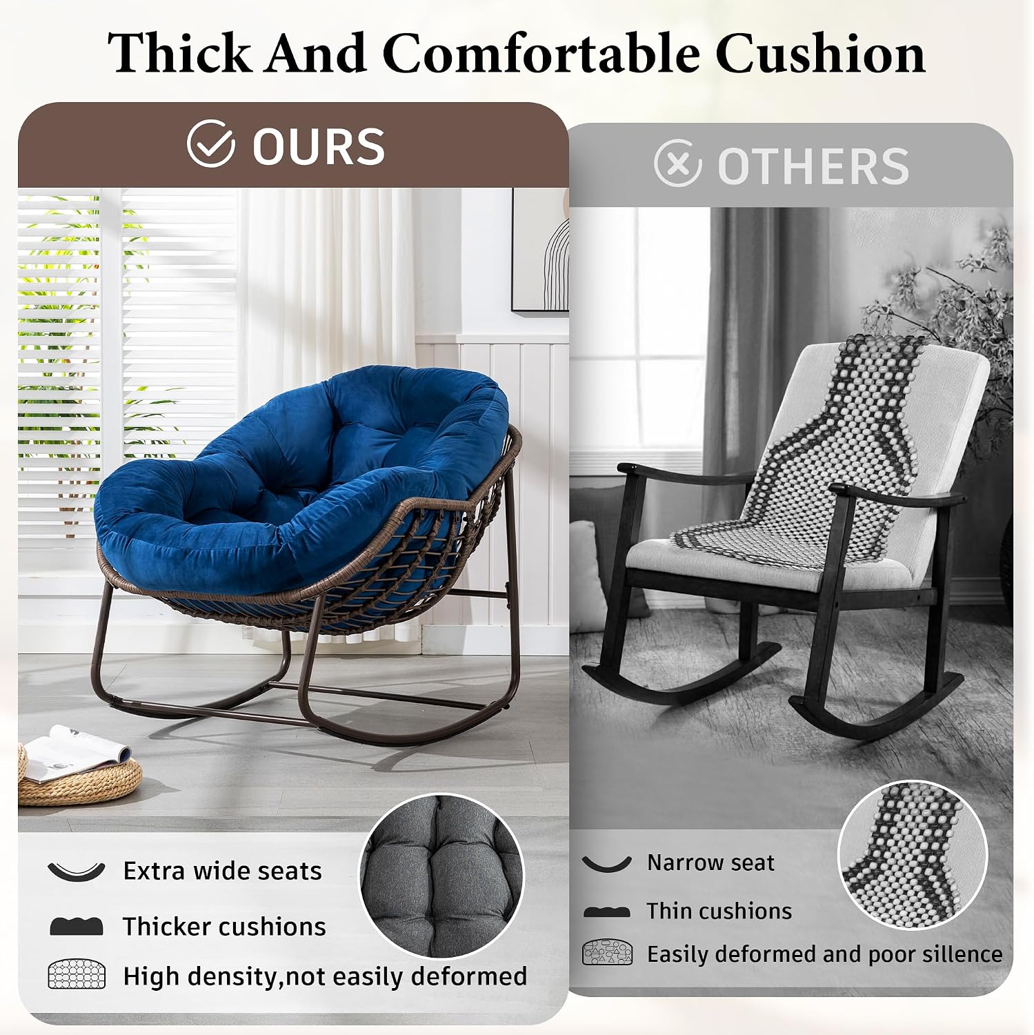 Large Indoor Outdoor Rocking Chair, Oversized Rocking Papasan Chair with Thick Cushion and Frame Outdoor Rocker, Comfy Wicker Egg Chairs Lounge for Outside Porch Patio Backyard (Blue, Set of 2)