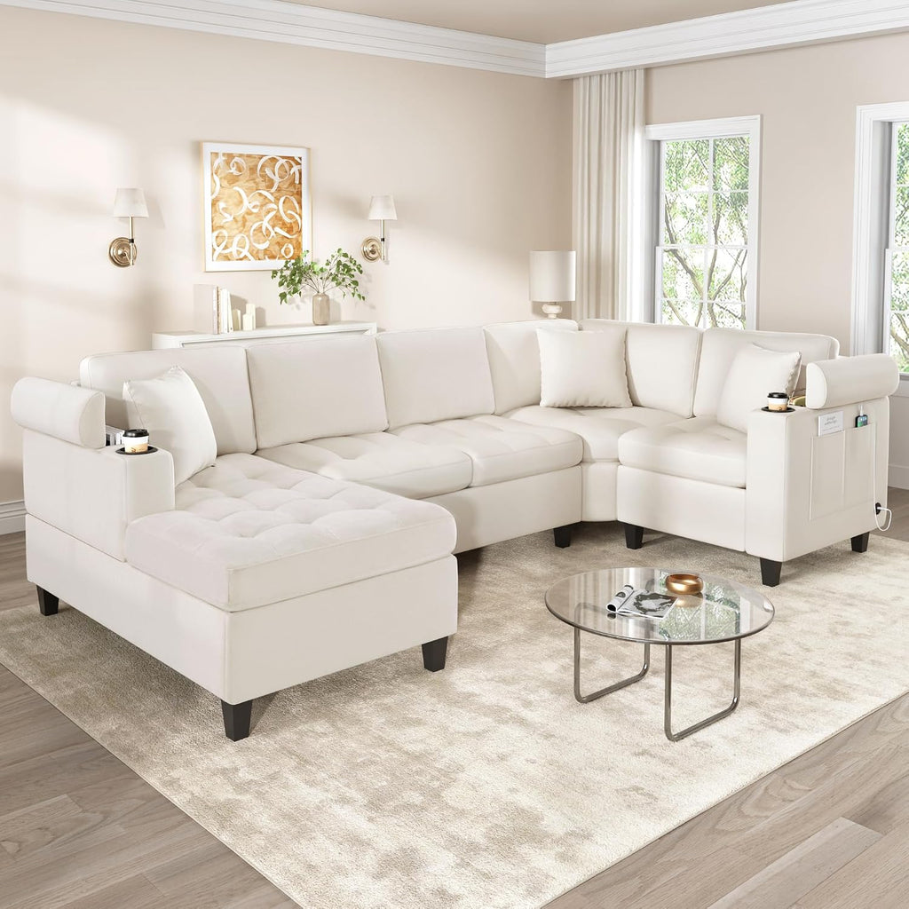 Eafurn Oversized U Shaped Sectional Sofa Tufted Couch w/Left Chaise, 6-Seater Chenille Convertible Corner Couches w/Cup Holders, Storage Armrest and USB Ports