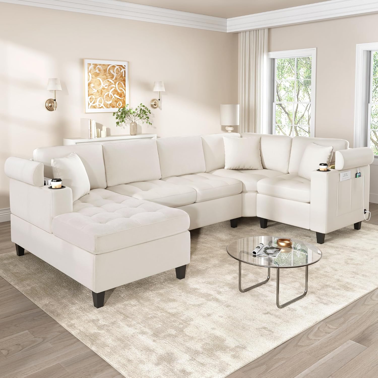 Merax 115.7' U-Shaped Chenille Sectional Sofa, 4 Seat Corner Couch Oversized with Built-in Cup Holders, 3 Pillows, Storage Space for Living Room, Beige