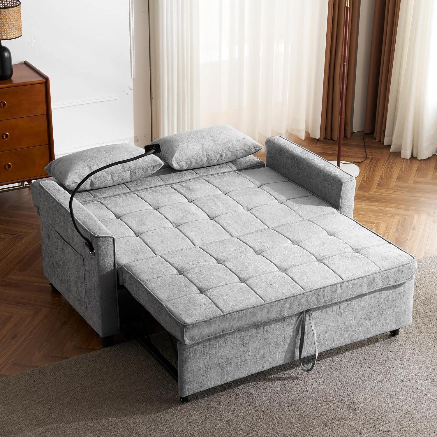 Merax 3 in 1 Convertible Sleeper Sofa Bed, Futon Couches for Living Room with USB Ports | Phone Holder| Reversible Backrest | Pull Out Couch |Small Loveseat,Grey