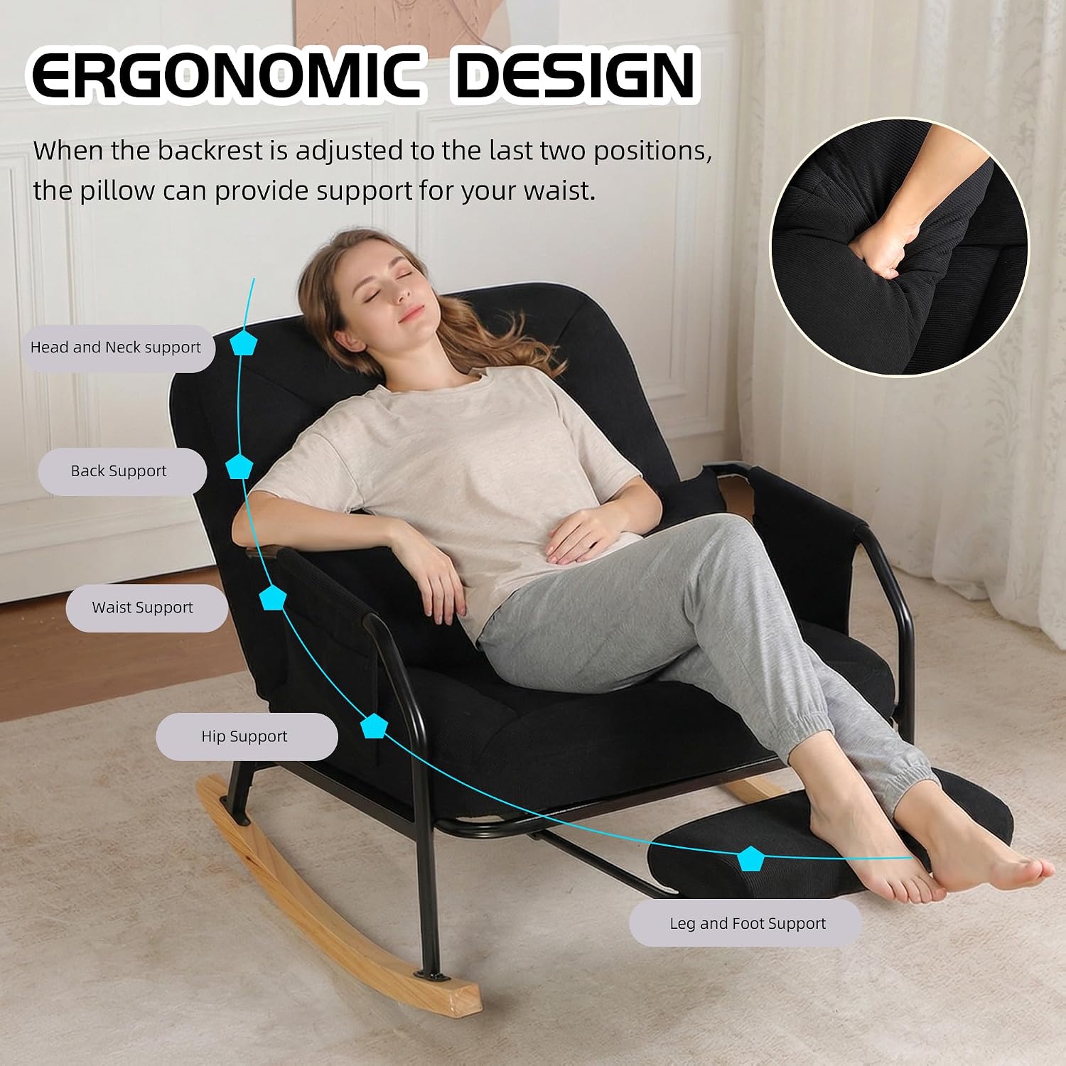 Oversized Rocking Chair, Extra-Wide Glider Patio Rocker Chairs with Foot Rest, Padded Cushion, Adjustable Backrest, Mental Wooden Farm, Indoor/Outdoor Living Room Bedroom Balcony Porch，Black