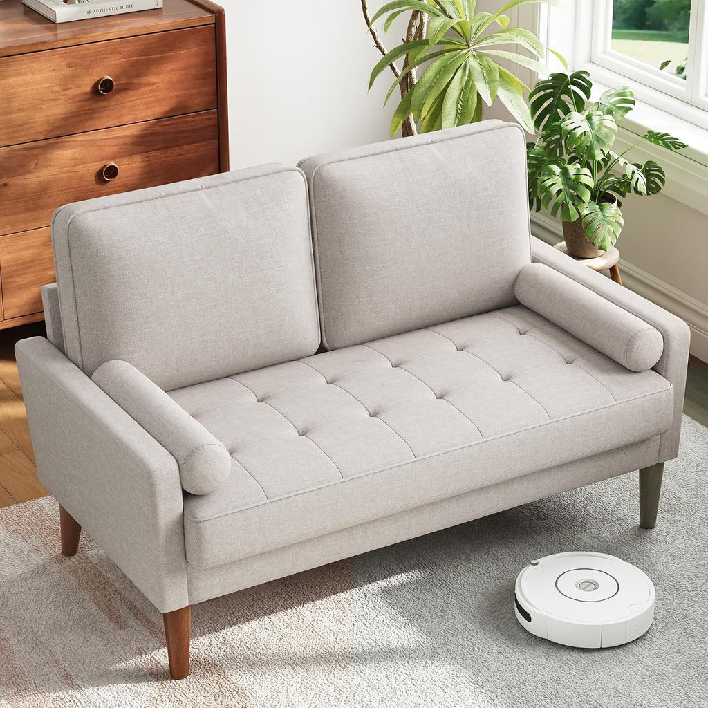 Vesgantti Loveseat Sofa with Solid Wood Legs, 48' Small Couches for Small Spaces, Love Seat for Living Room, Bedroom, Easy Assembly Mid Century Modern Couch with Throw Pillow for Apartment, Ashbeige