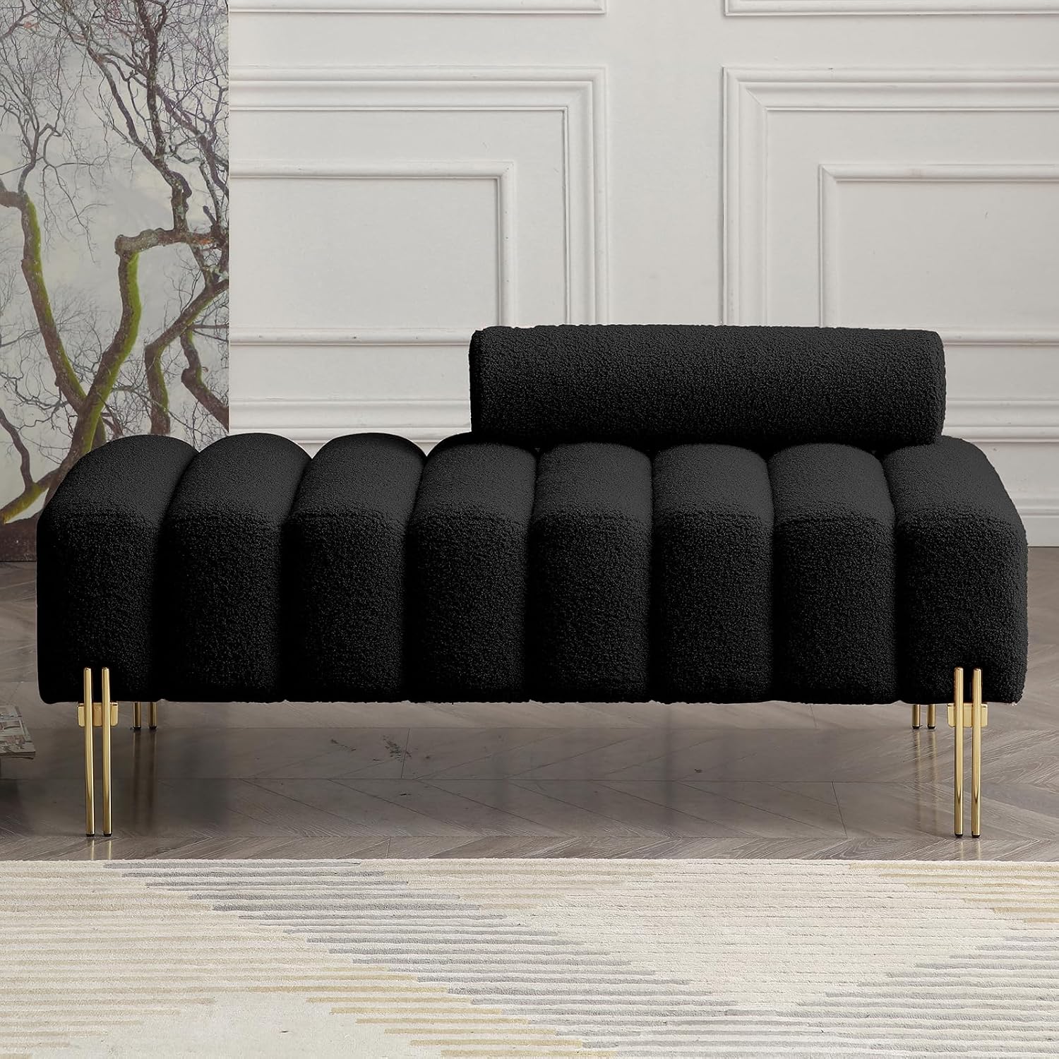 NIOIIKIT 53.2' Modern Loveseat Sofa Couch, Upholstered Accent Sofa with Golden Legs and Adjustable Backrest, Small Teddy Fleece Couches for Bedroom, Living Room, Compact Small Space (Black Teddy)