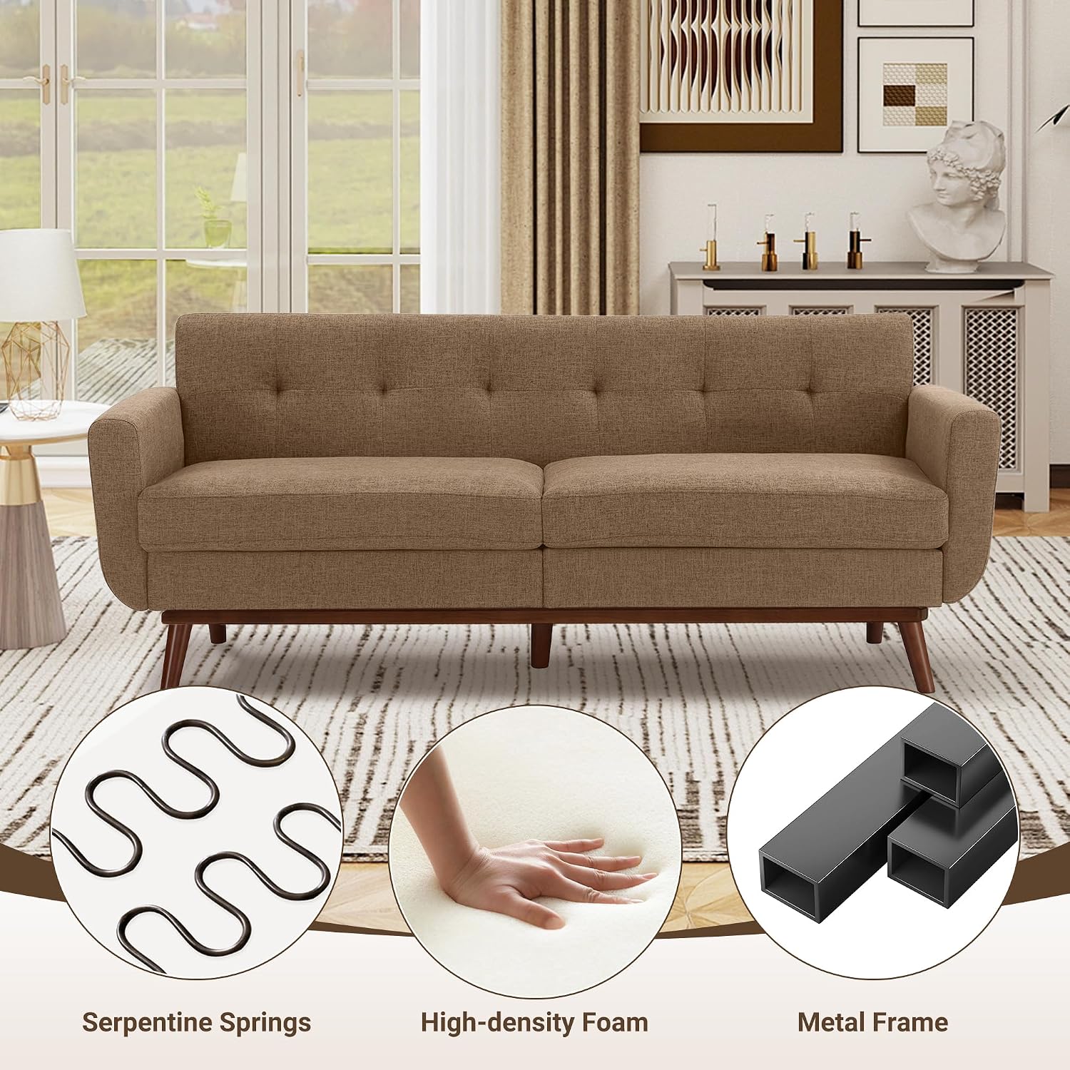 Kingfun 77.2' W Loveseat Sofa, Mid Century Modern Decor Love Seat Couches for Living Room, Button Tufted Upholstered Furniture, Solid & Easy to Install Small Couch for Bedroom, Office Apartment, Brown