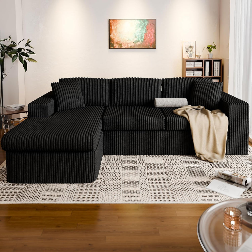 Vongrasig 105' Boneless Couches for Living Room, Sectional Couches Modular Sofa with L-Shaped Chaise, Memory Foam Comfy Cloud Couch with Plush Corduroy Fabric, No Assembly Required, Black