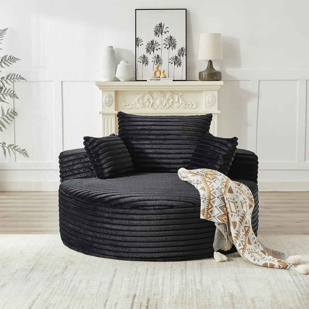 Oversized Round Chaise Longue Chair Indoor, Modern 55-inch Upholstered Corduroy Deep Seat Circle Single Cloud Lounge Floor Sofa Chair for Living Room, Bedroom Apartment, Black