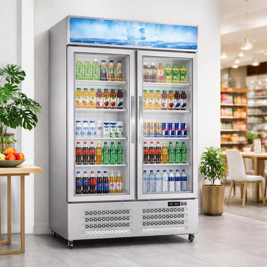 GAOMON Commercial Merchandiser Refrigerator - 25.3 Cu Ft Beverage Cooler with Glass Doors, LED Lightbox & Universal Casters for Convenience Stores, Bars, White