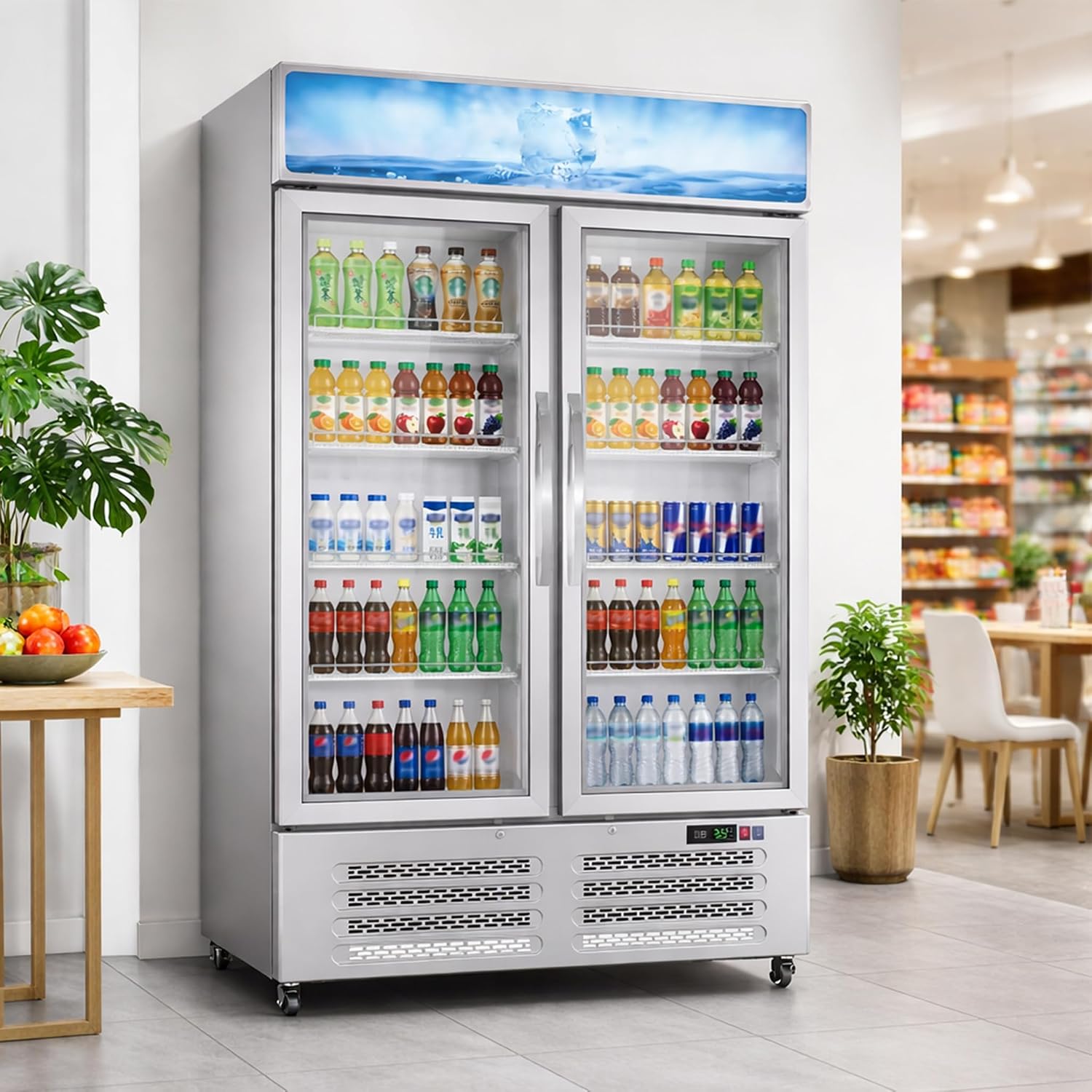 GAOMON Commercial Merchandiser Refrigerator - 25.3 Cu Ft Beverage Cooler with Glass Doors, LED Lightbox & Universal Casters for Convenience Stores, Bars, White