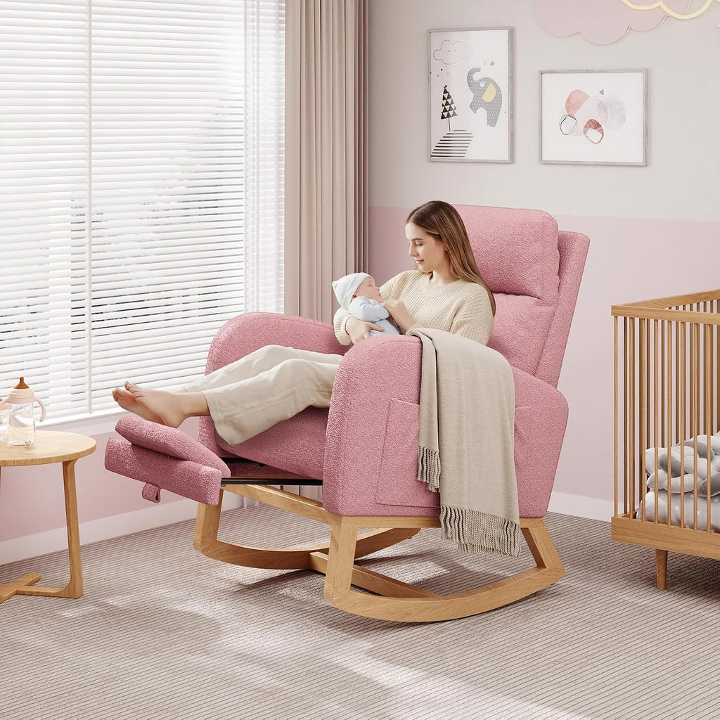 GarveeHome Rocking Chair, Modern Nursery Glider Chair with Side Pockets and Pillow, Rocker Chair for Living Room Bedroom Nursing Room, Pink