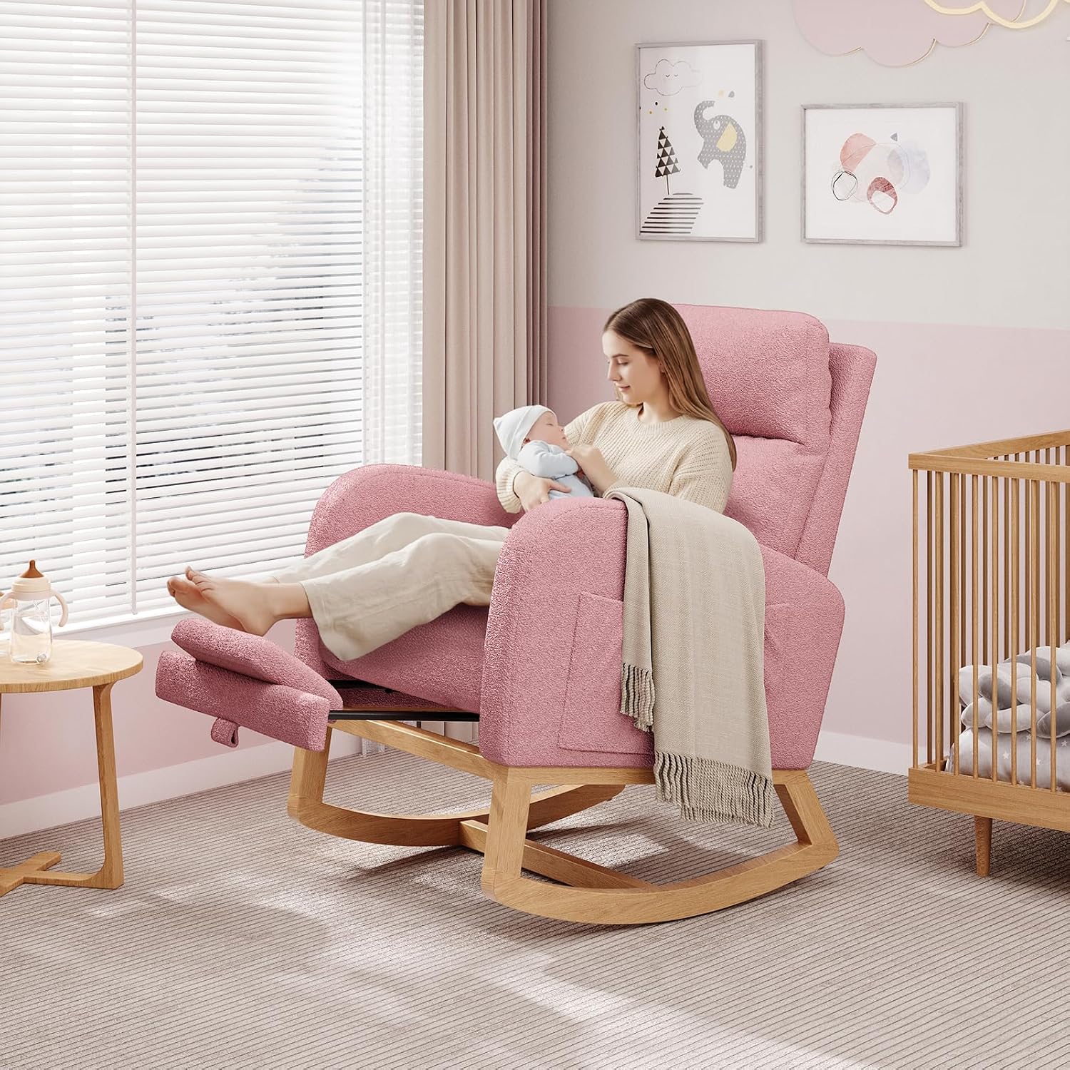GarveeHome Rocking Chair, Modern Nursery Glider Chair with Side Pockets and Pillow, Rocker Chair for Living Room Bedroom Nursing Room, Pink