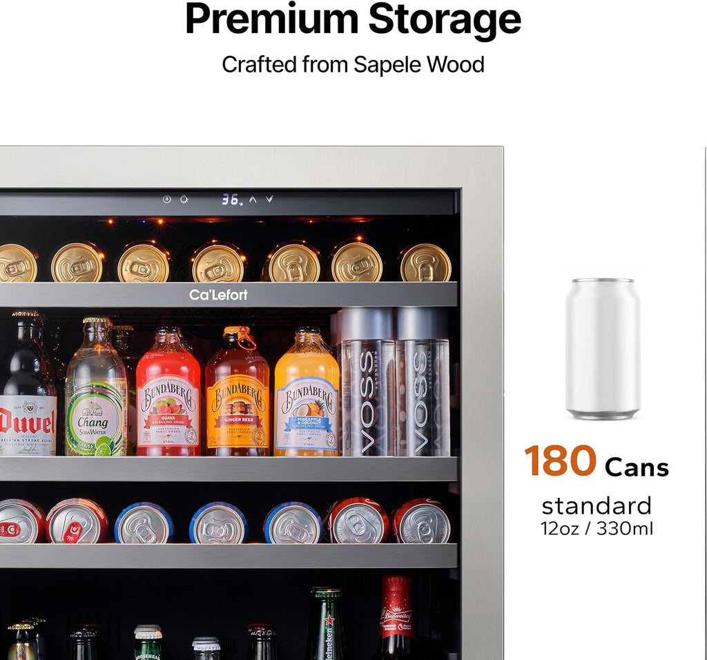 Ca'Lefort 24 Inch Beverage Refrigerator - 180 Can Beverage Fridge with 34°-54°F, Built in or Freestanding Beverage Cooler with Glass Door and 3 LED, Drink Fridge for Home/Kitchen(5.65 cu.ft)